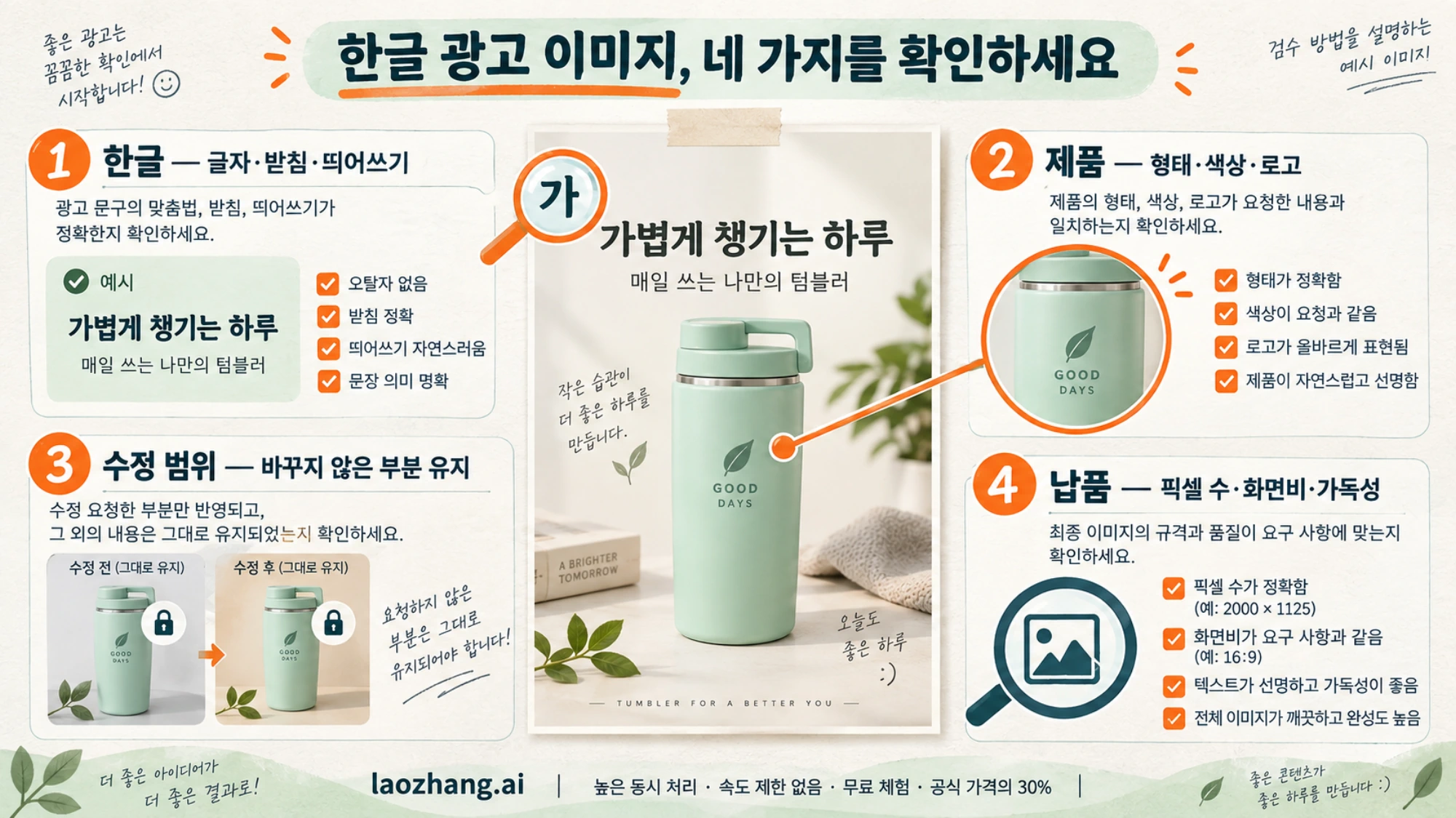 텀블러 광고 예시에서 한글 문구, 제품 형태, 수정되지 않은 영역과 납품 규격을 확인하는 방법