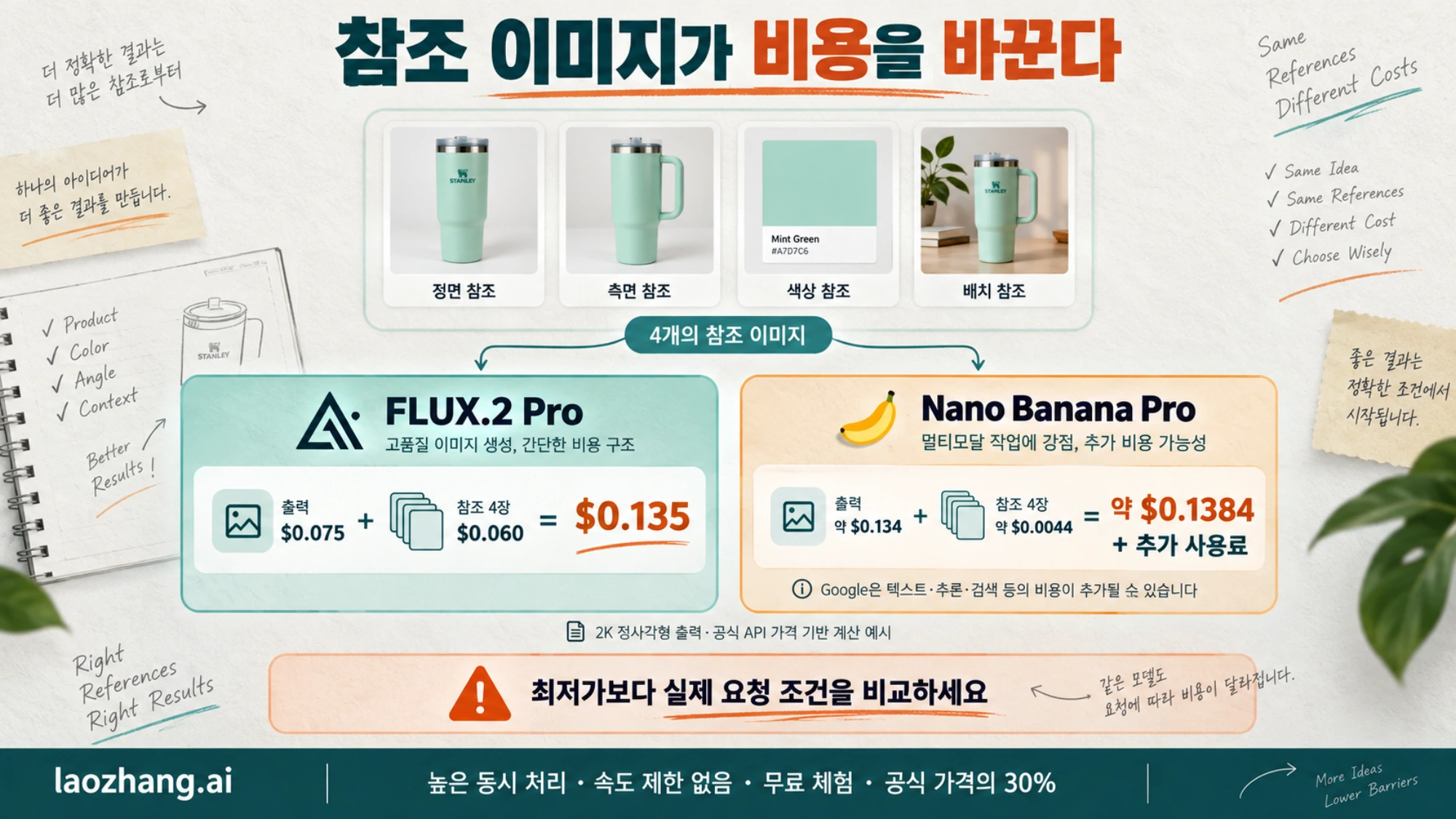 2K 출력에 참조 이미지 네 장을 넣었을 때 두 모델의 비용 계산을 비교하는 설명도