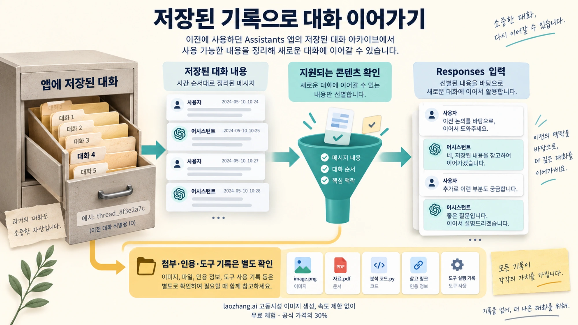 앱의 대화 보관본에서 지원되는 메시지를 새 입력으로 옮기고 첨부와 도구 기록은 별도로 확인하는 과정