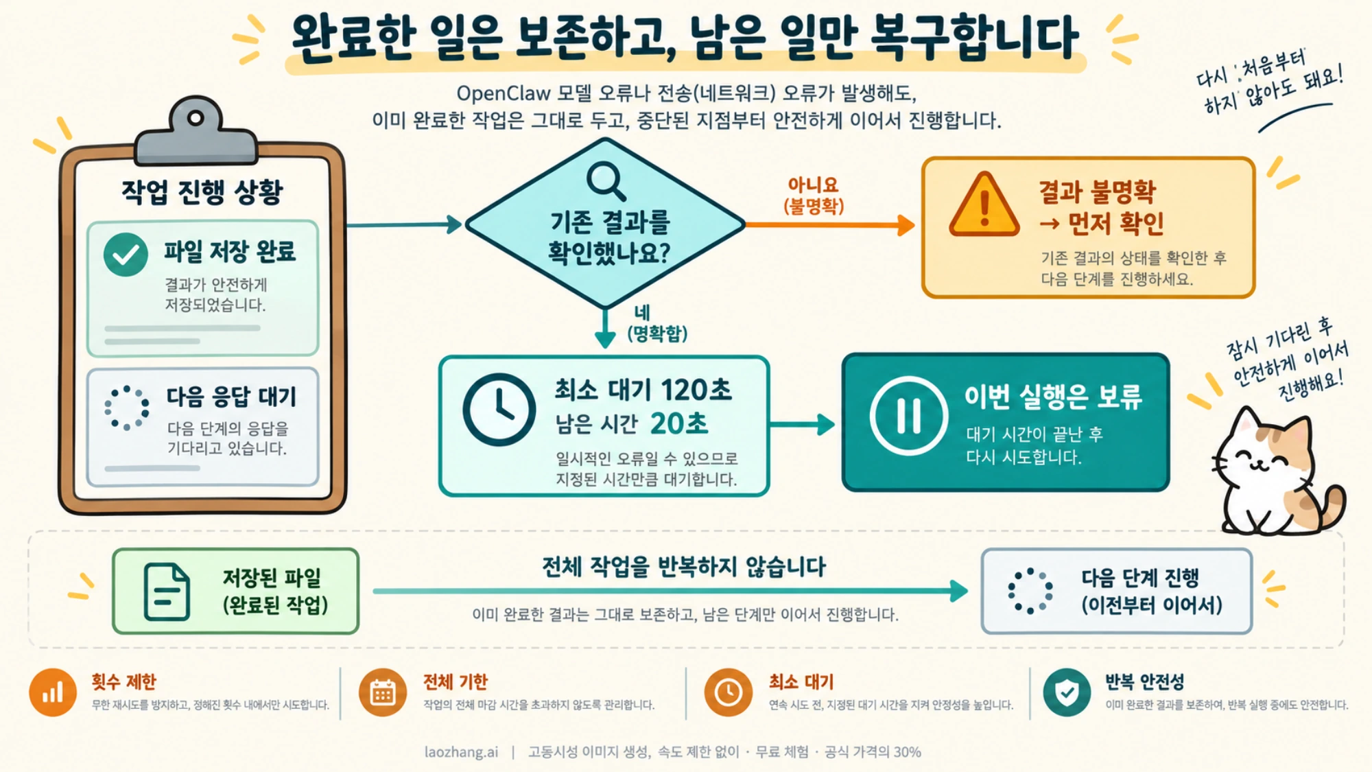 완료한 파일을 보존하고 결과가 불명확하면 먼저 확인하며 최소 대기 120초가 남은 시간 20초보다 길면 실행을 보류하는 예제의 개념 그림