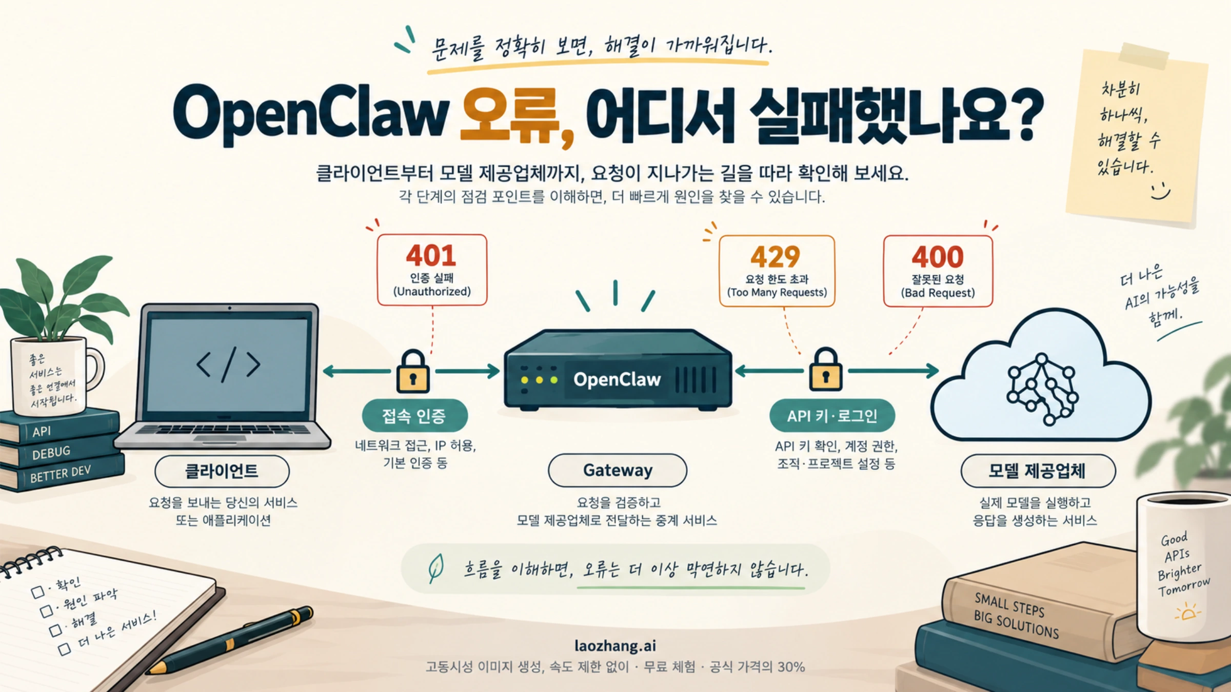 OpenClaw 오류를 클라이언트, Gateway, 모델 제공업체의 연결별로 구분하는 개념 그림