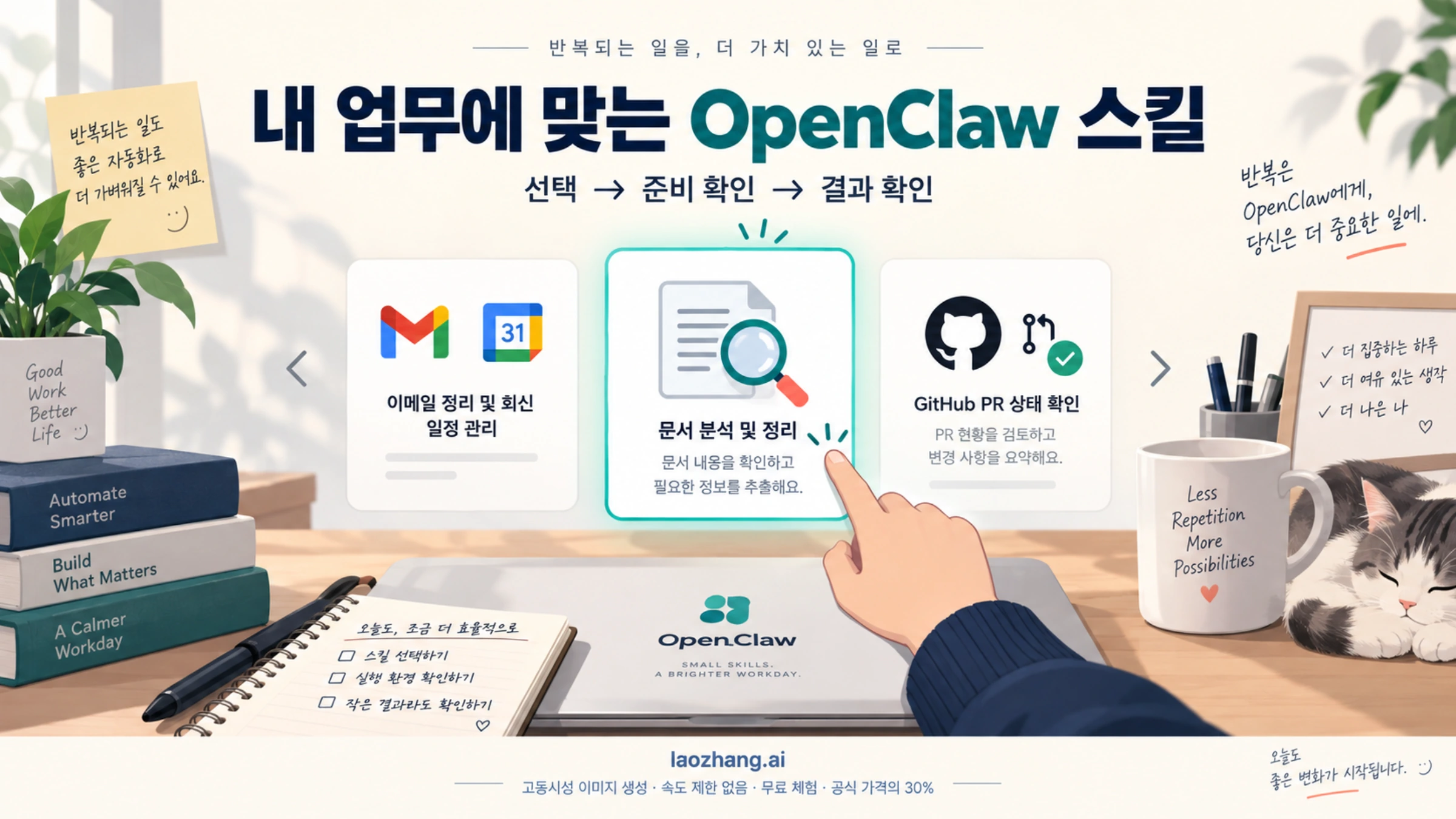 반복하는 문서·메일·저장소 업무에 맞는 OpenClaw 스킬을 선택하고 준비 상태와 결과를 확인하는 개념 그림