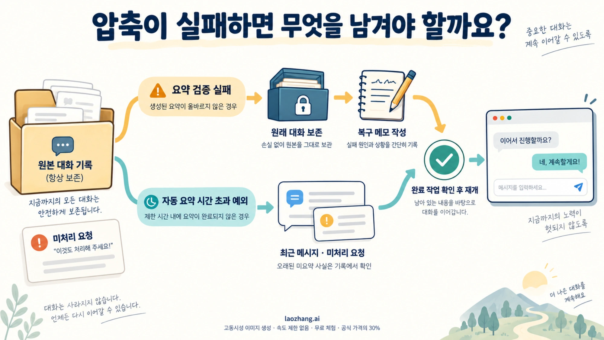 요약 검증 실패와 자동 요약 시간 초과를 구분하고 원문 기록과 복구 메모로 이어가는 개념 그림