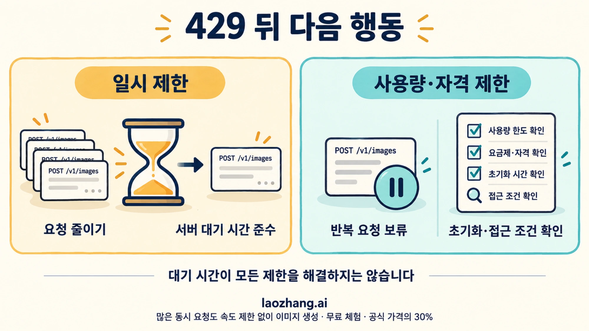 일시적인 제한에서는 요청을 줄이고 서버 대기 시간을 따르며, 사용량·자격 제한에서는 반복 요청을 보류하고 해소 조건을 확인하는 개념 그림