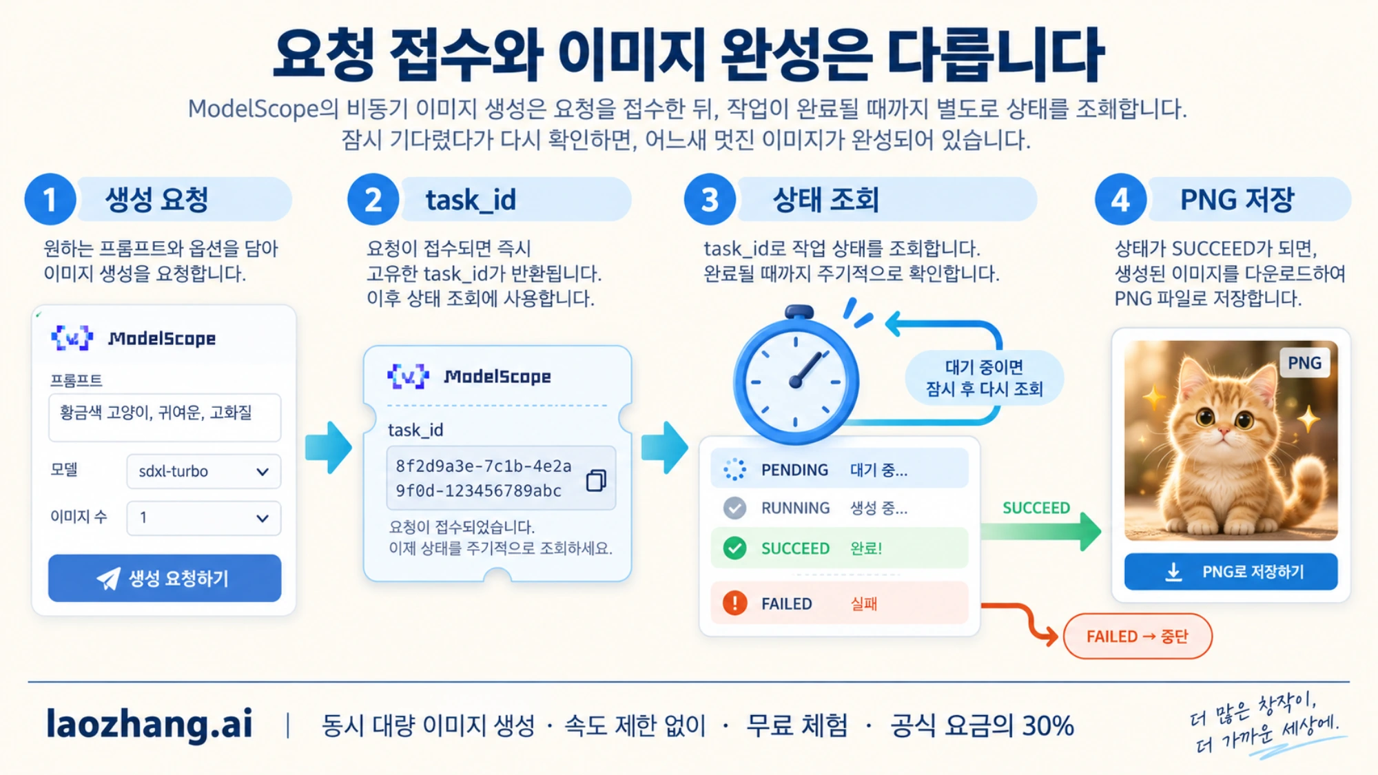 이미지 생성 요청, 작업 번호 수신, 상태 조회와 PNG 저장의 비동기 처리 흐름을 보여 주는 개념도