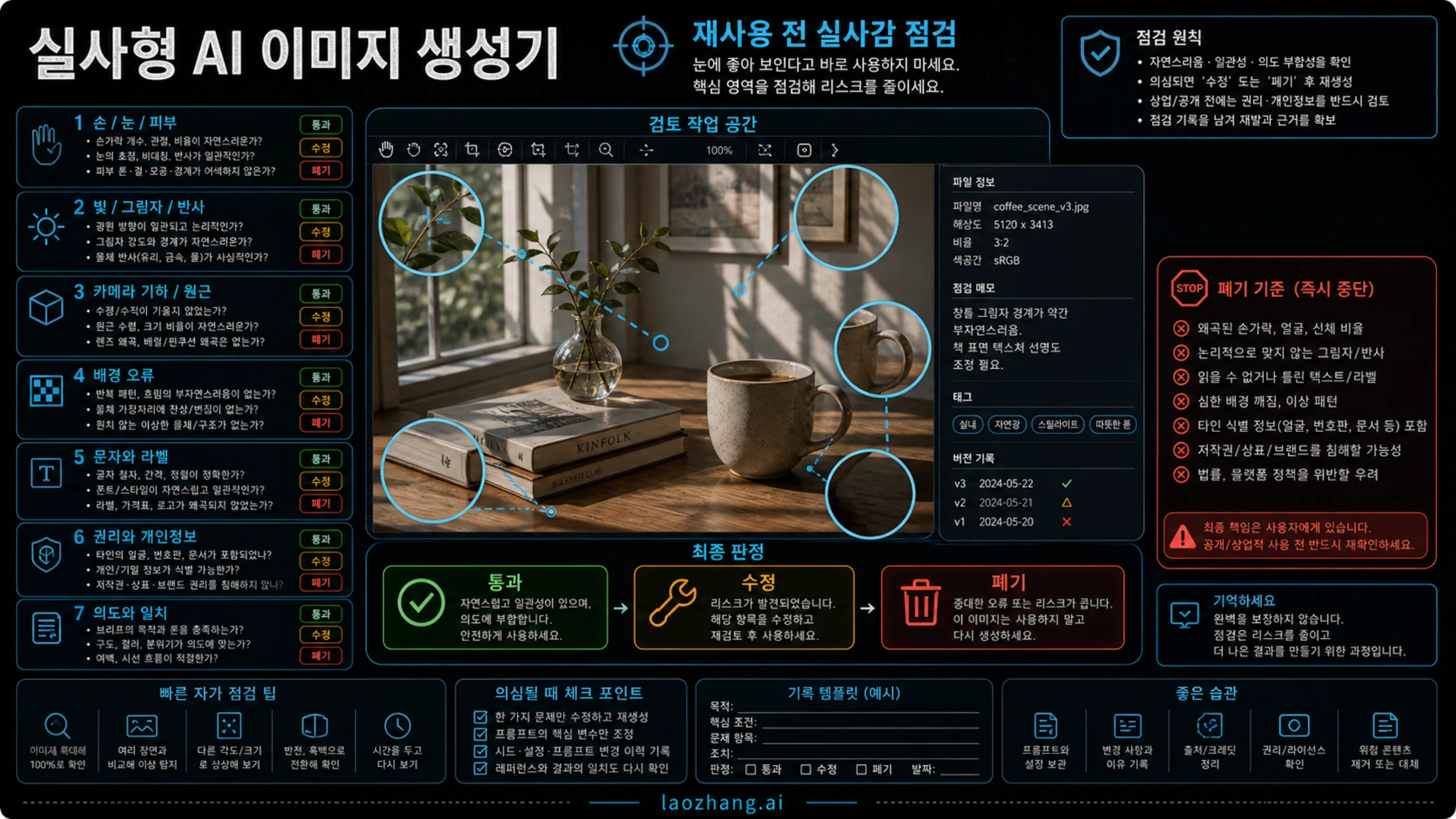 손, 눈, 조명, 원근, 텍스트, 권리, 개인정보를 확인하는 현실감 QA 점검표