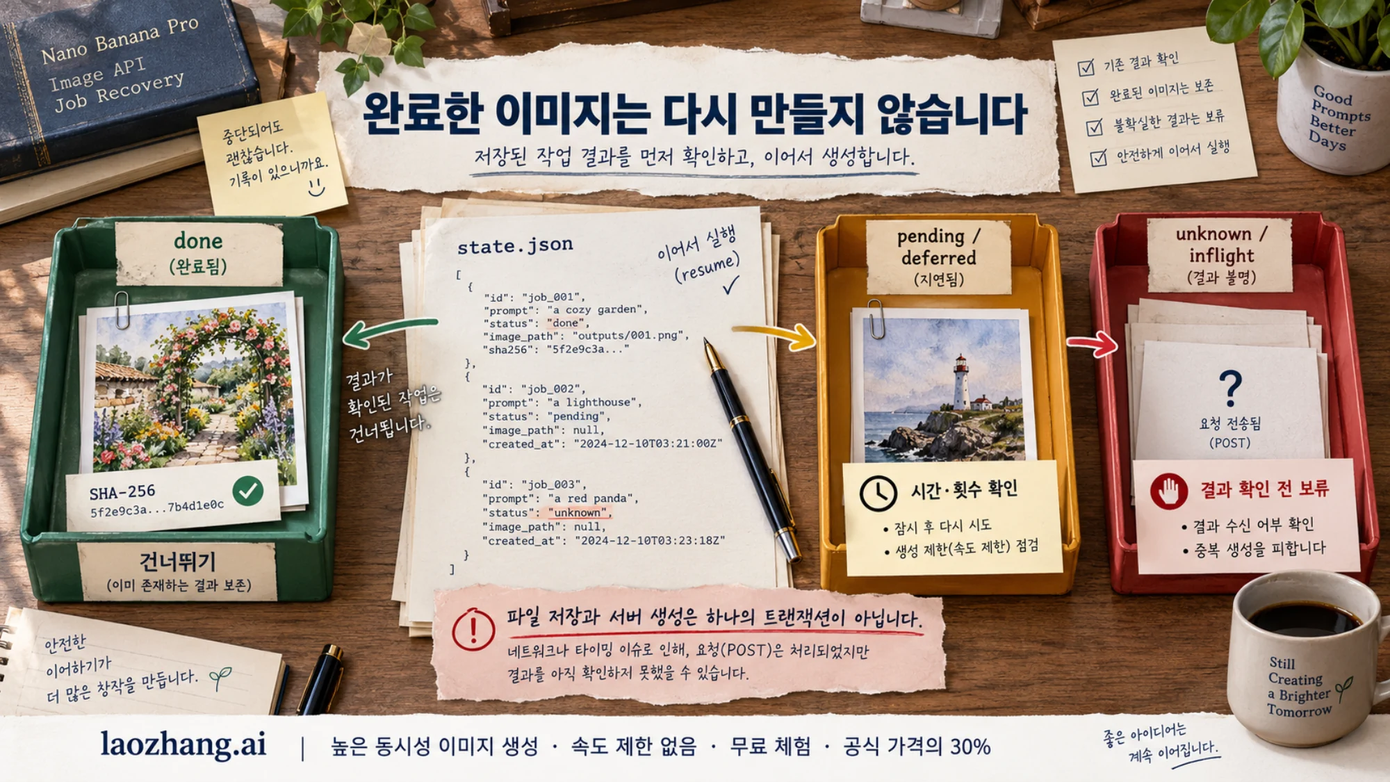 완료 이미지와 SHA-256 기록은 보존하고 대기 중 작업과 결과가 불명확한 POST를 따로 처리하는 작업 기록 예시