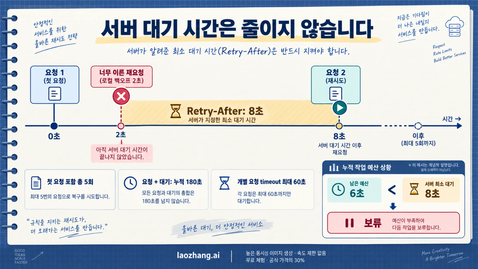 서버가 요구한 8초 대기와 남은 6초 예산을 비교하여 조기 재시도를 막고 작업을 보류하는 예시