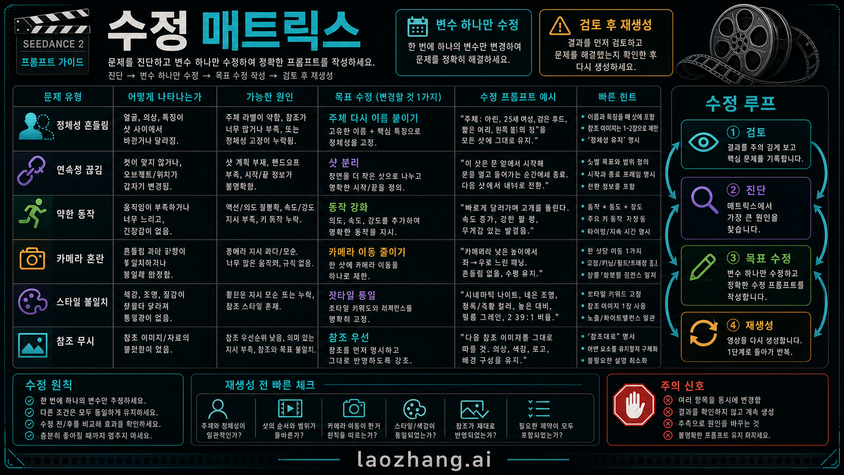 Seedance 2 수정 매트릭스. 정체성 흔들림, 연속성, 카메라 혼란, 참조 무시를 다룬다