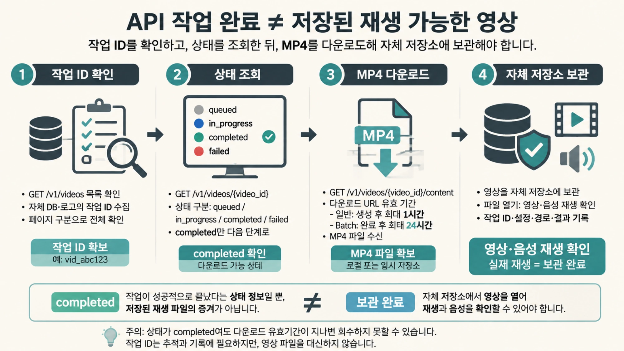 작업 ID 확인, 상태 조회, MP4 다운로드와 자체 저장소 보관을 거쳐 영상과 음성 재생을 확인하는 절차