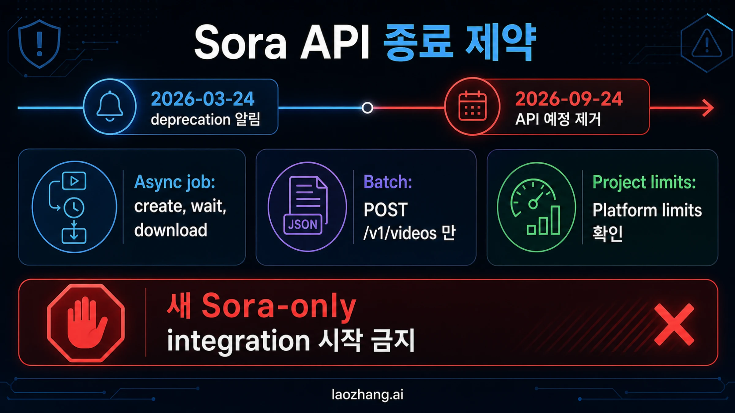 Sora API 종료 보드: 제거일, 비동기 작업, Batch 범위, 마이그레이션 중단 규칙