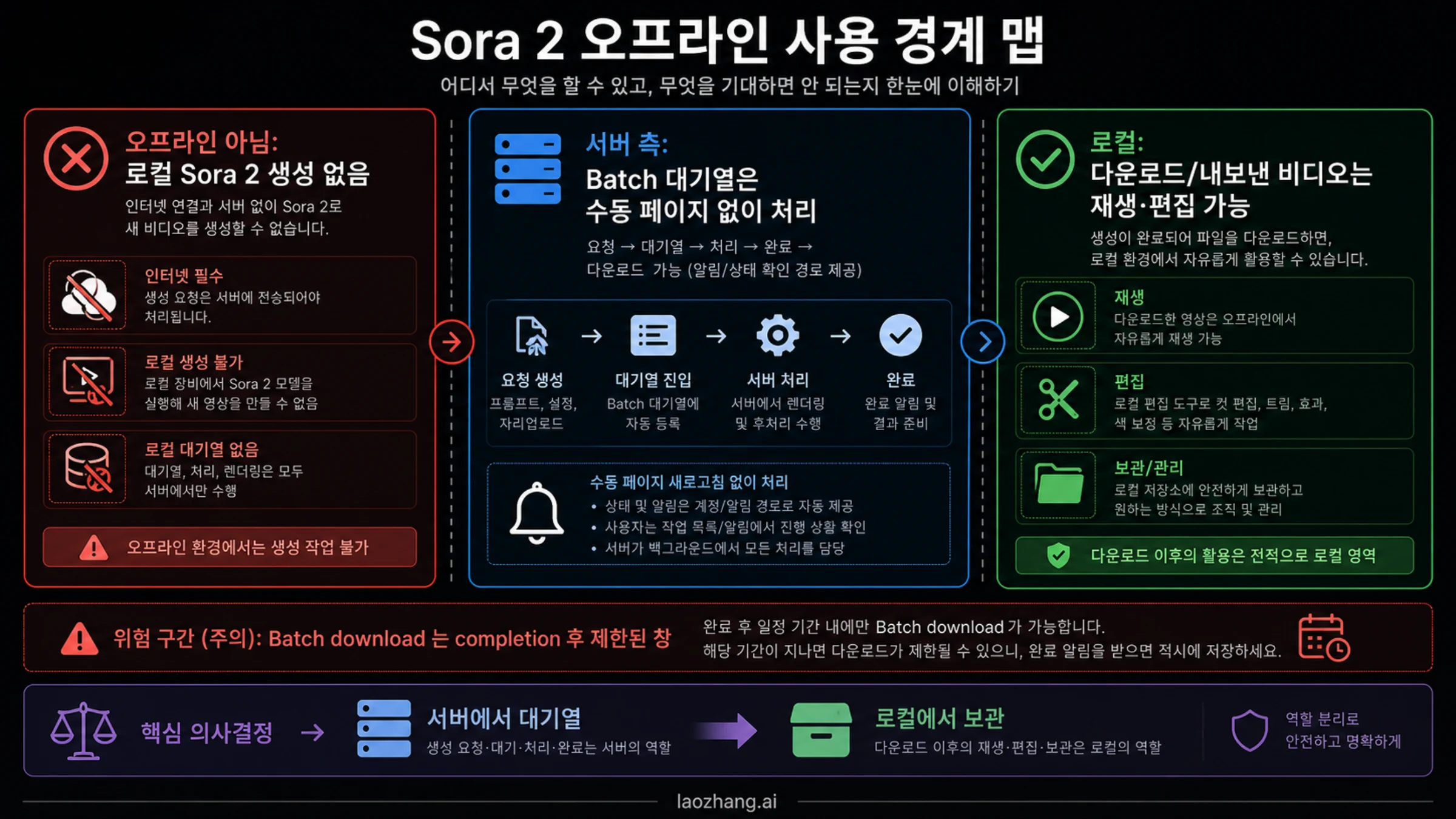 Sora 2 offline boundary board separating local generation, Batch queue, downloaded playback, and download risk
