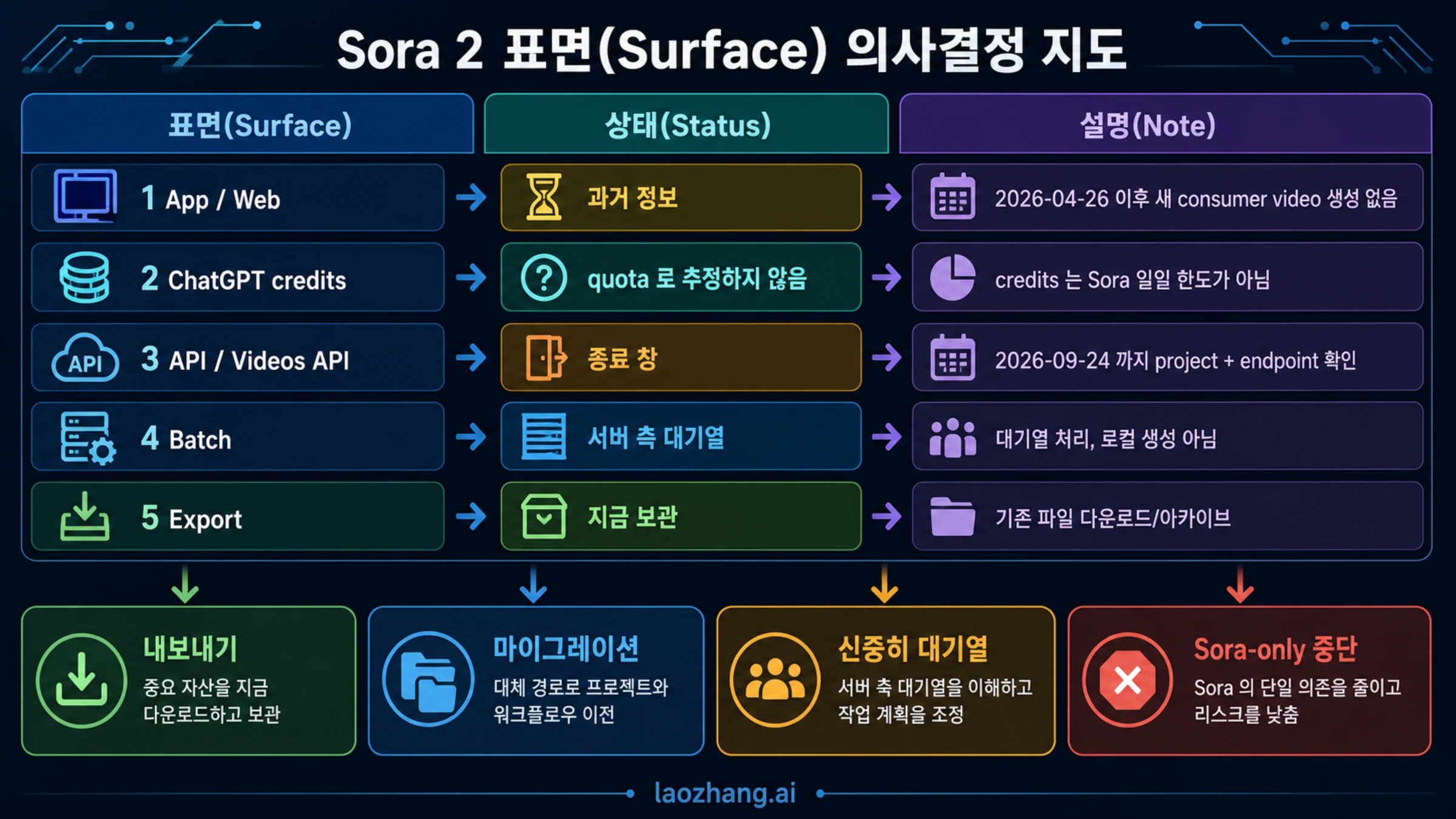 Sora 2 surface map dividing historical caps, API constraints, export actions, and migration