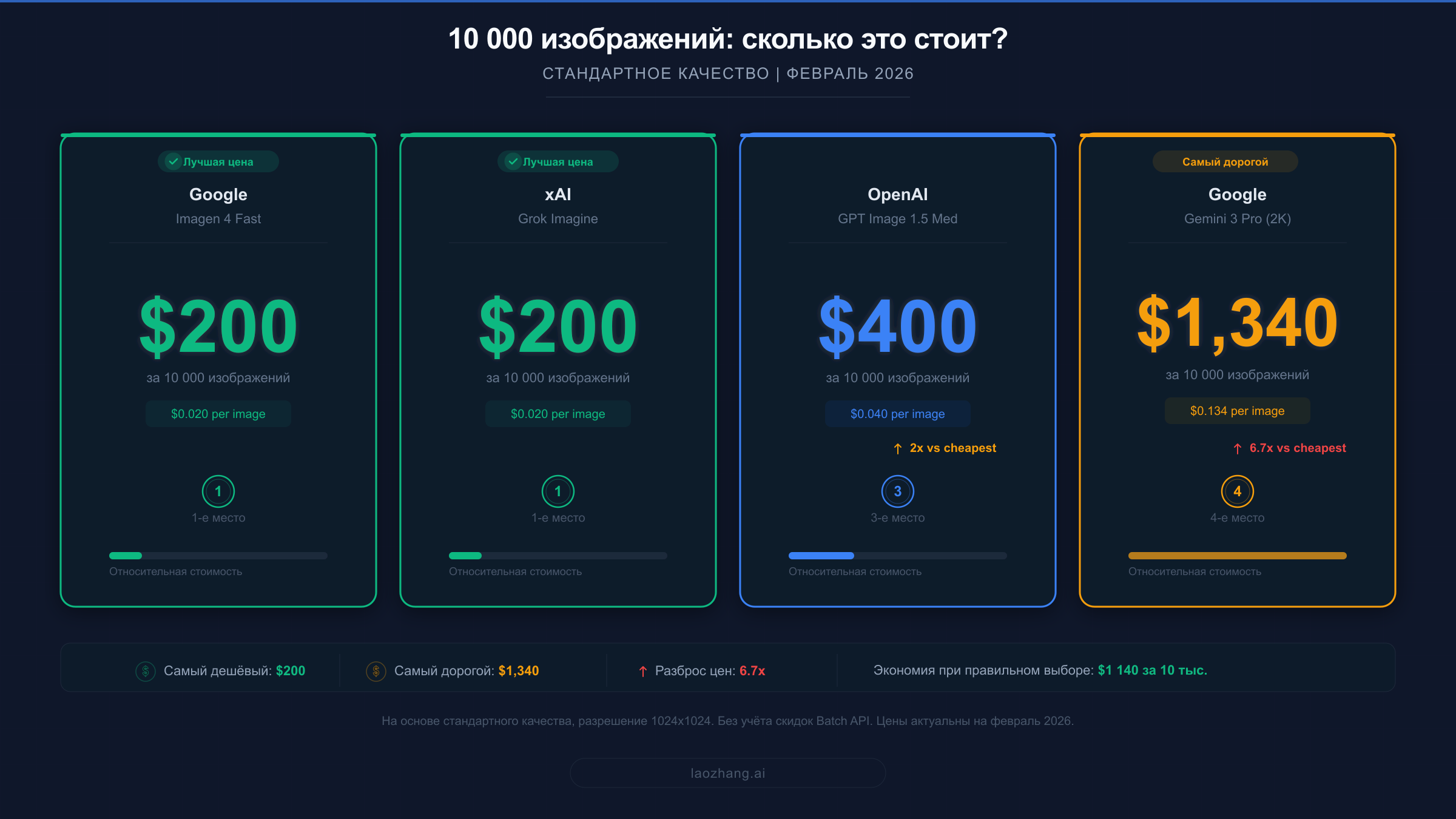 Визуальное сравнение общей стоимости генерации 10 000 изображений на четырёх основных AI Image API провайдерах