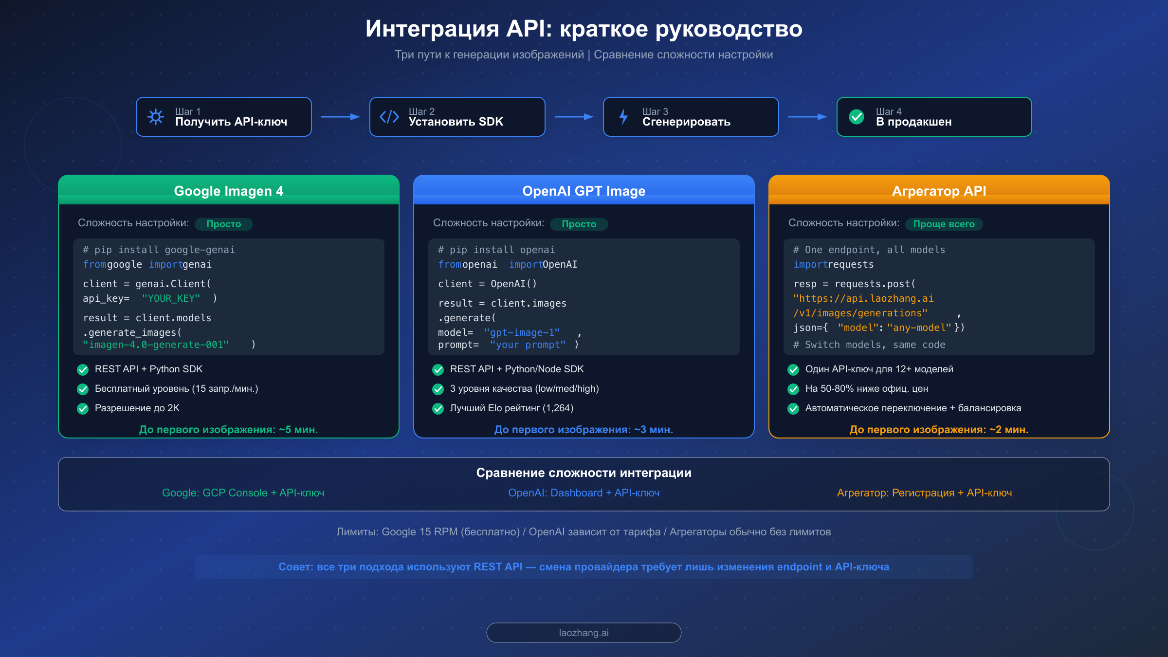 Сравнение интеграции API — этапы настройки Google Imagen, OpenAI GPT Image и агрегаторов