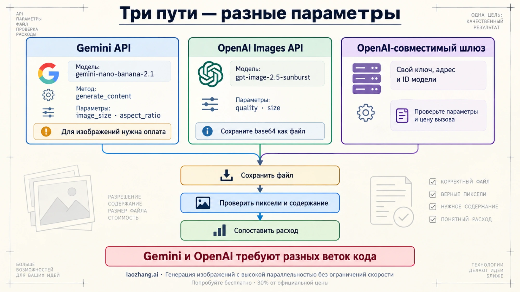 Три пути интеграции изображений: Gemini с generate_content и image_size, OpenAI Images API с quality и size, отдельный gateway со своим ключом и именами моделей; затем сохранить и проверить файл