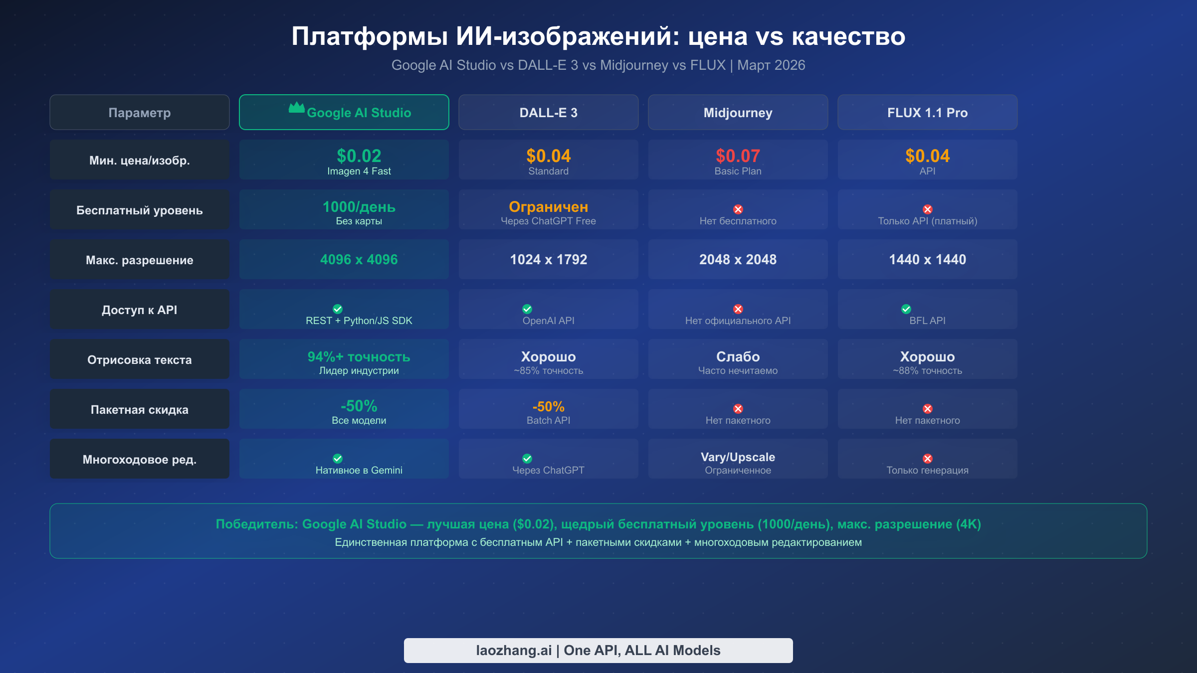 Сравнение AI Studio, DALL-E 3, Midjourney и FLUX по цене, бесплатному тарифу, разрешению и функциям