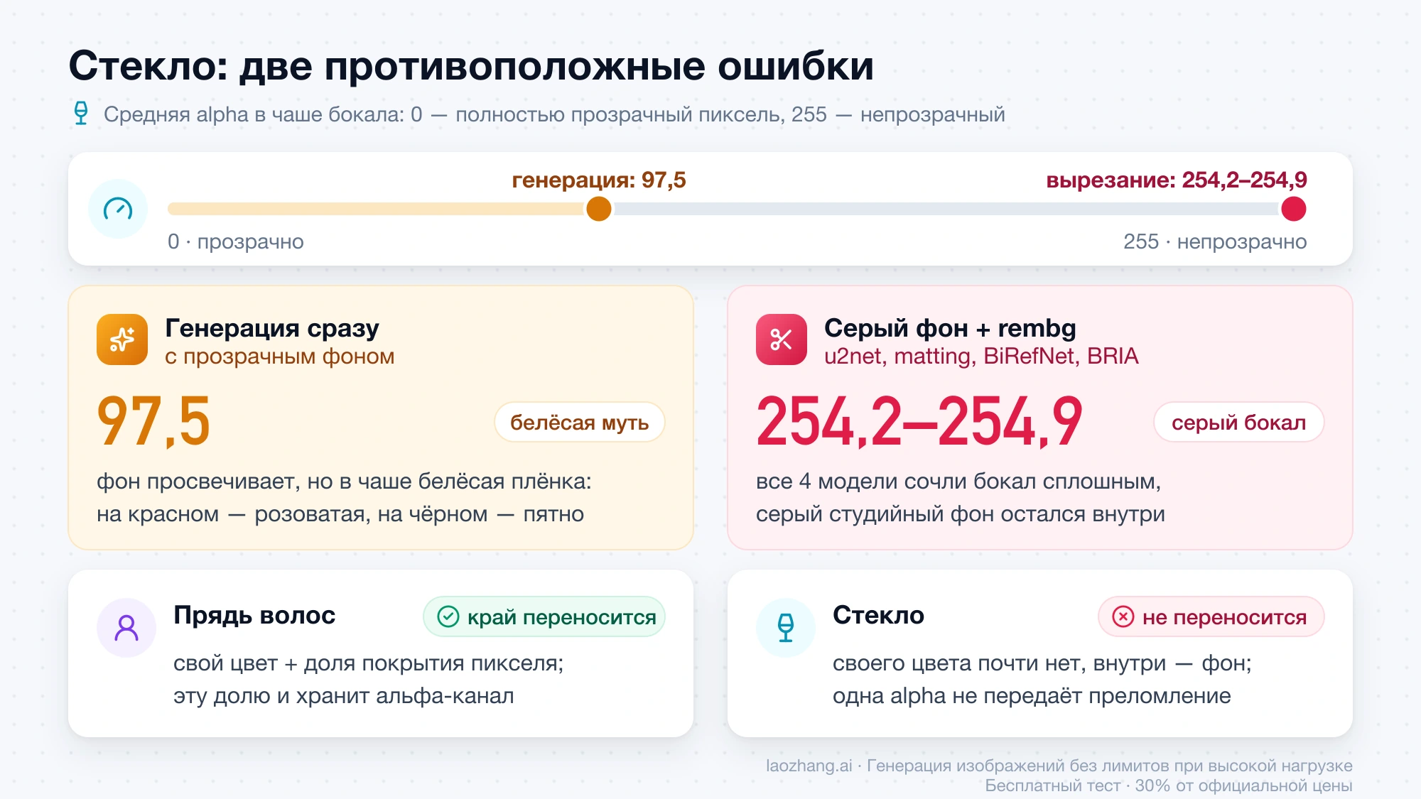 Шкала alpha от 0 до 255: генерация даёт в чаше бокала 97,5 и белёсую муть, вырезание rembg — 254,2–254,9 и серый бокал; ниже сравнение пряди волос и стекла