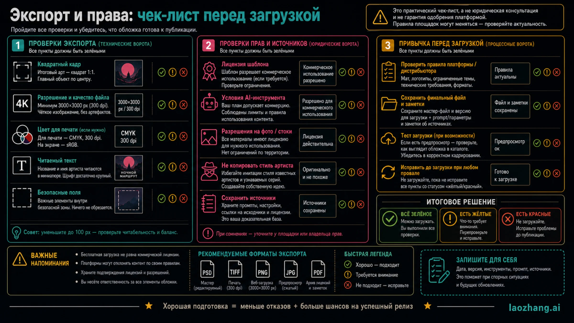 Checklist экспорта и лицензии для обложки альбома: квадрат, размер, текст, водяной знак, лицензия, source notes и правила площадок