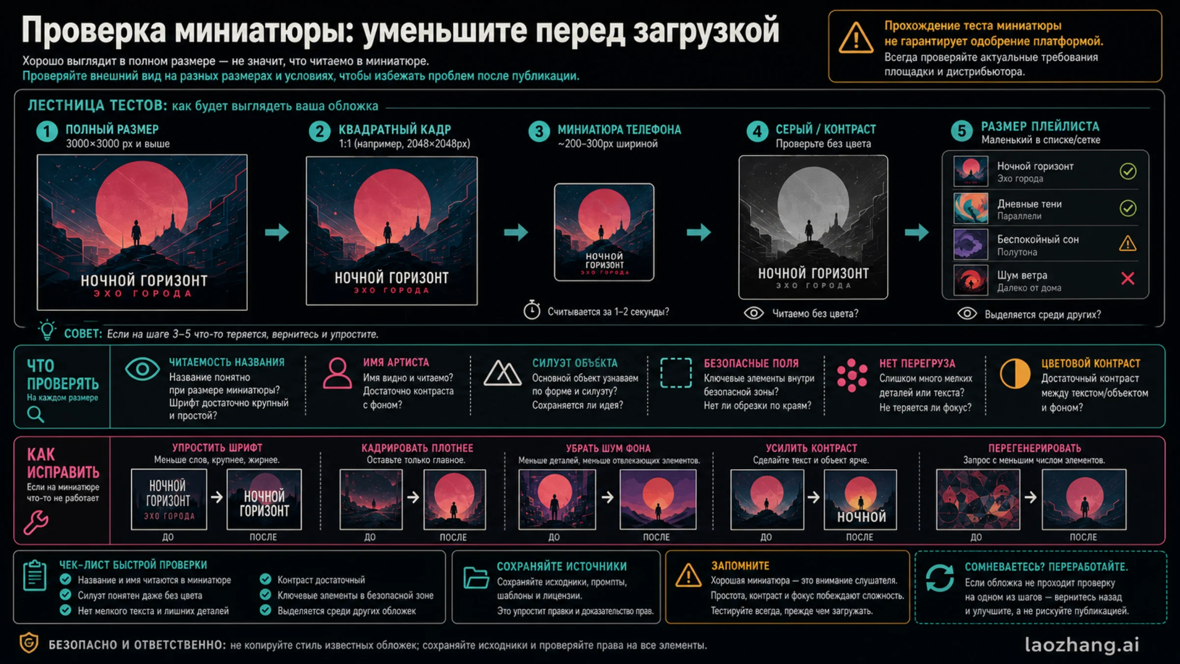 QA board для проверки читаемости обложки в миниатюре: полный размер, квадрат, телефон, grayscale, контраст и safe margin