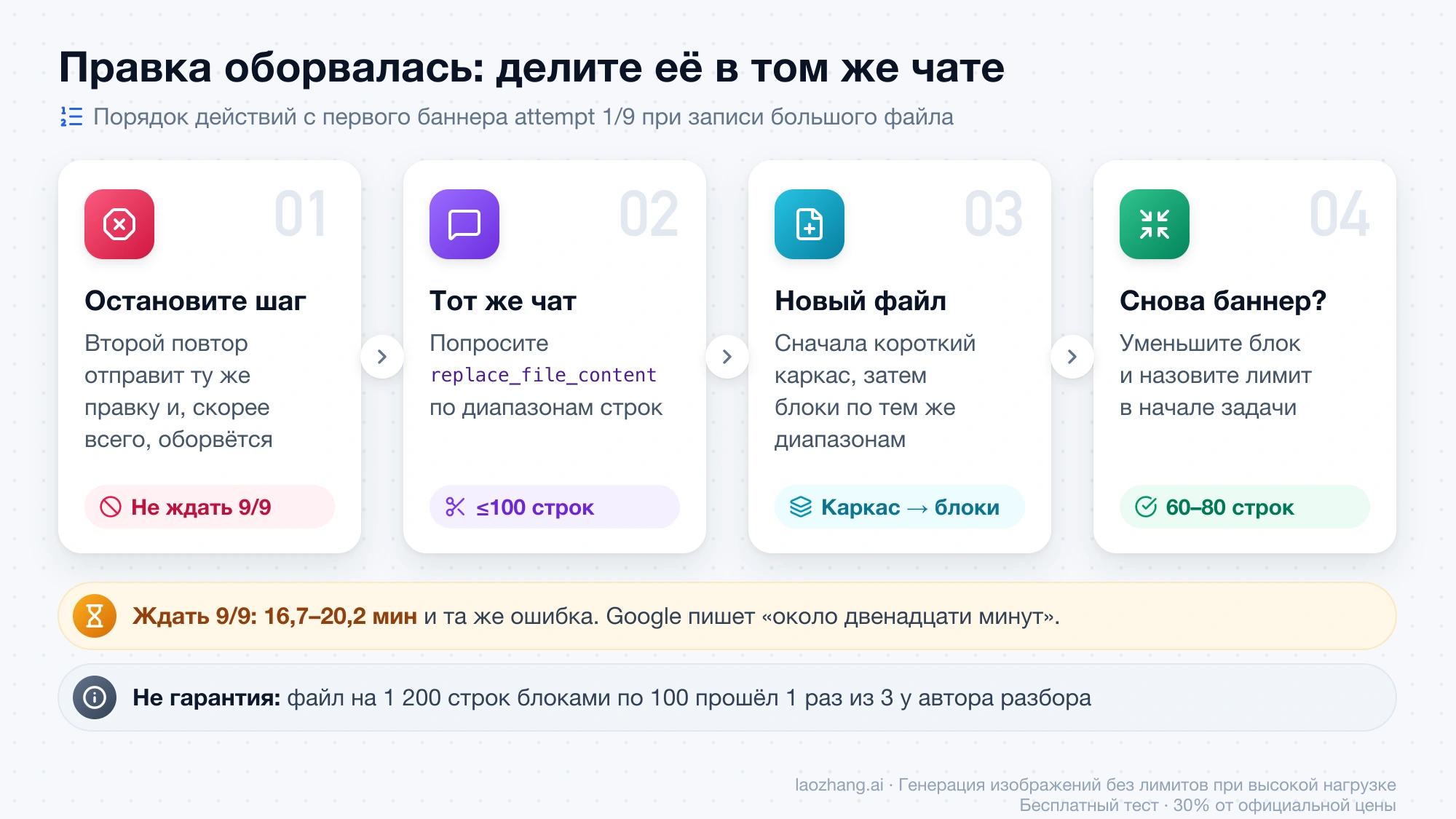 Четыре шага после баннера attempt 1/9: остановить шаг, в том же чате попросить replace_file_content по диапазонам до 100 строк, новый файл писать каркасом и блоками, при новом баннере уменьшить блок до 60–80 строк; ожидание всех девяти попыток занимает 16,7–20,2 минуты