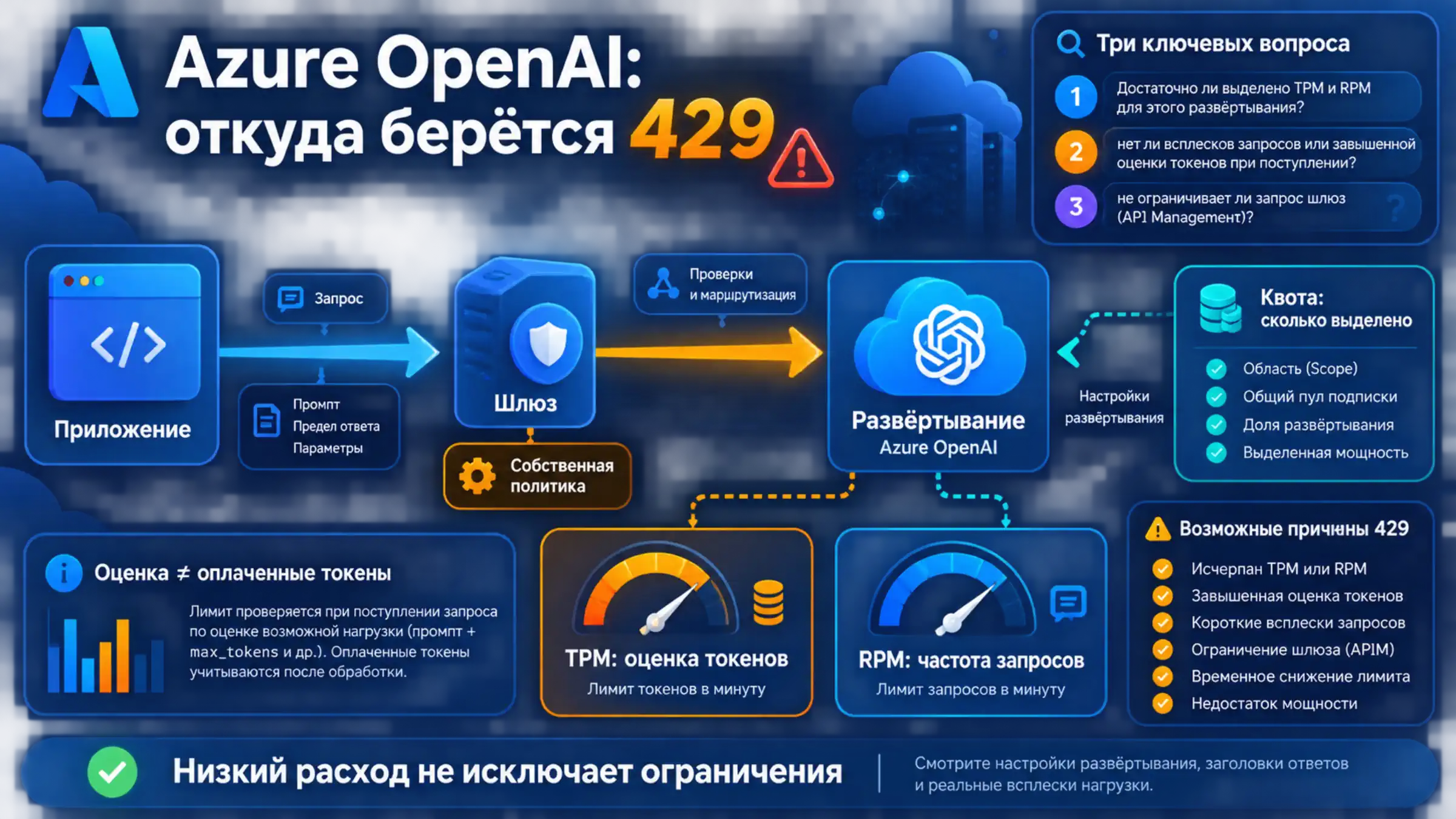 Схема диагностики 429: приложение, шлюз и развёртывание Azure OpenAI с отдельными ограничениями TPM, RPM и выделенной квотой