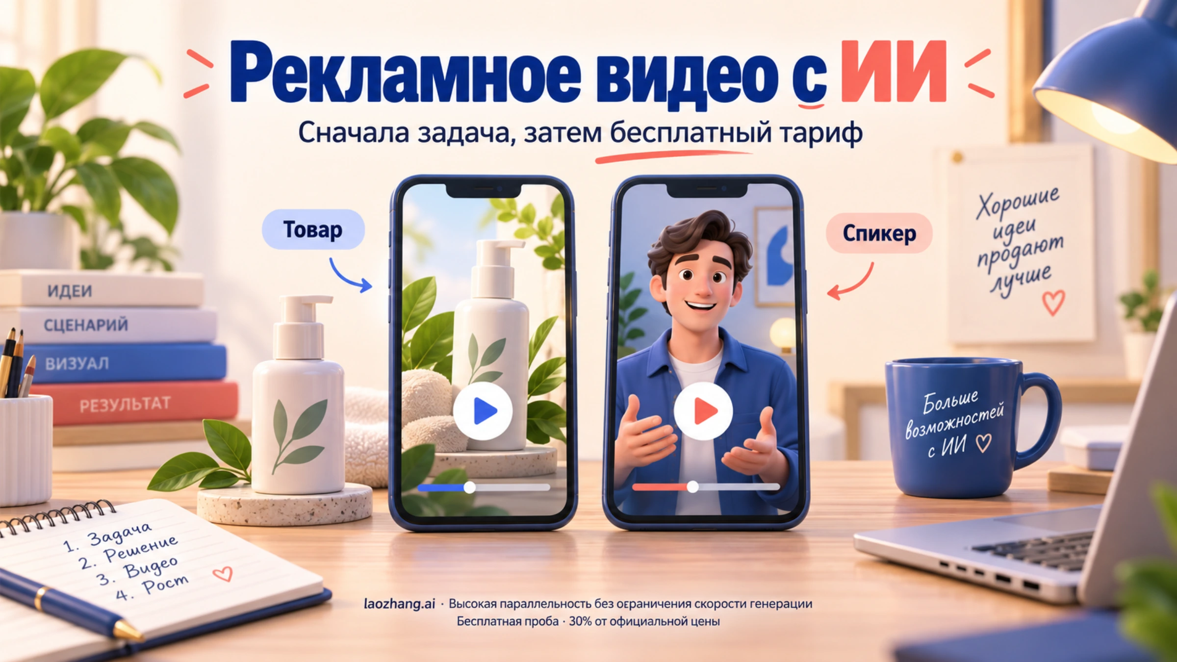 Иллюстрация двух подходов к рекламному видео с ИИ: показ товара и ролик со спикером