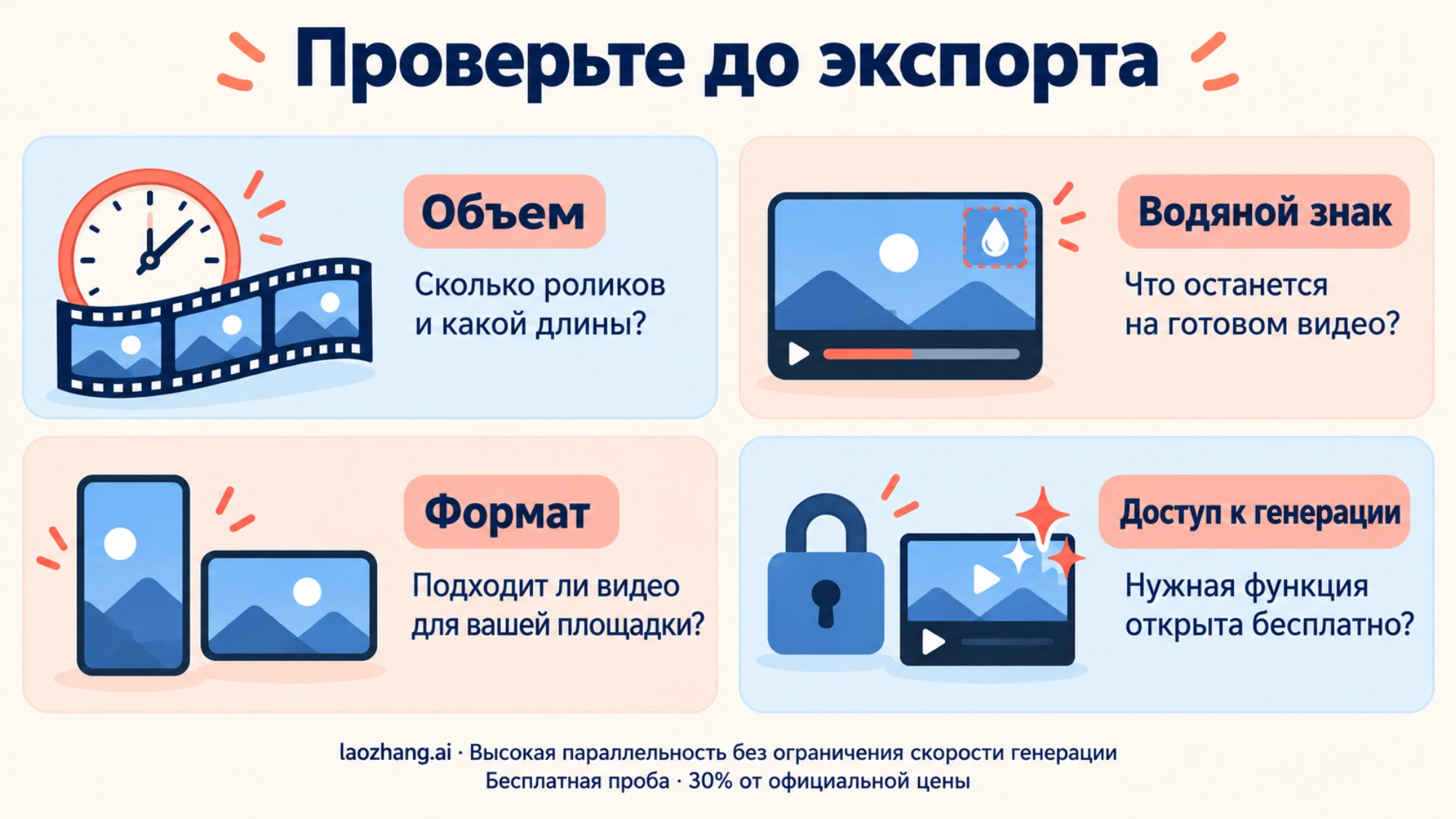 Перед экспортом проверьте объём, водяной знак, формат и бесплатный доступ к нужной генерации