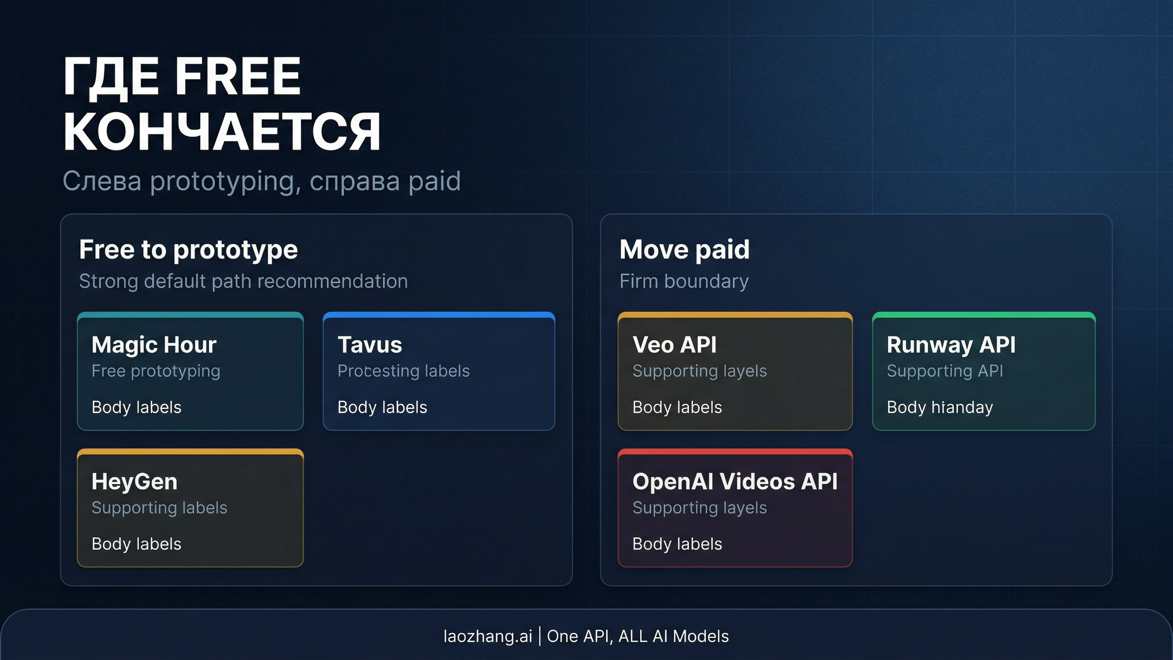 Доска решений, где Magic Hour, Tavus и HeyGen остаются на usable-free стороне, а Veo, Runway и OpenAI стоят на paid-public стороне