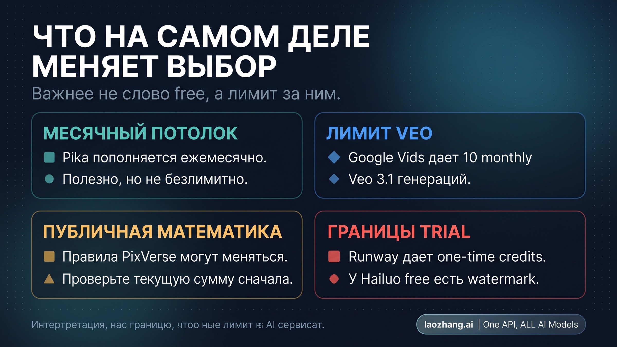 Матрица с Pika, PixVerse, Runway и Hailuo, показывающая тип пополнения, реальную полезность и скрытые ограничения бесплатного доступа