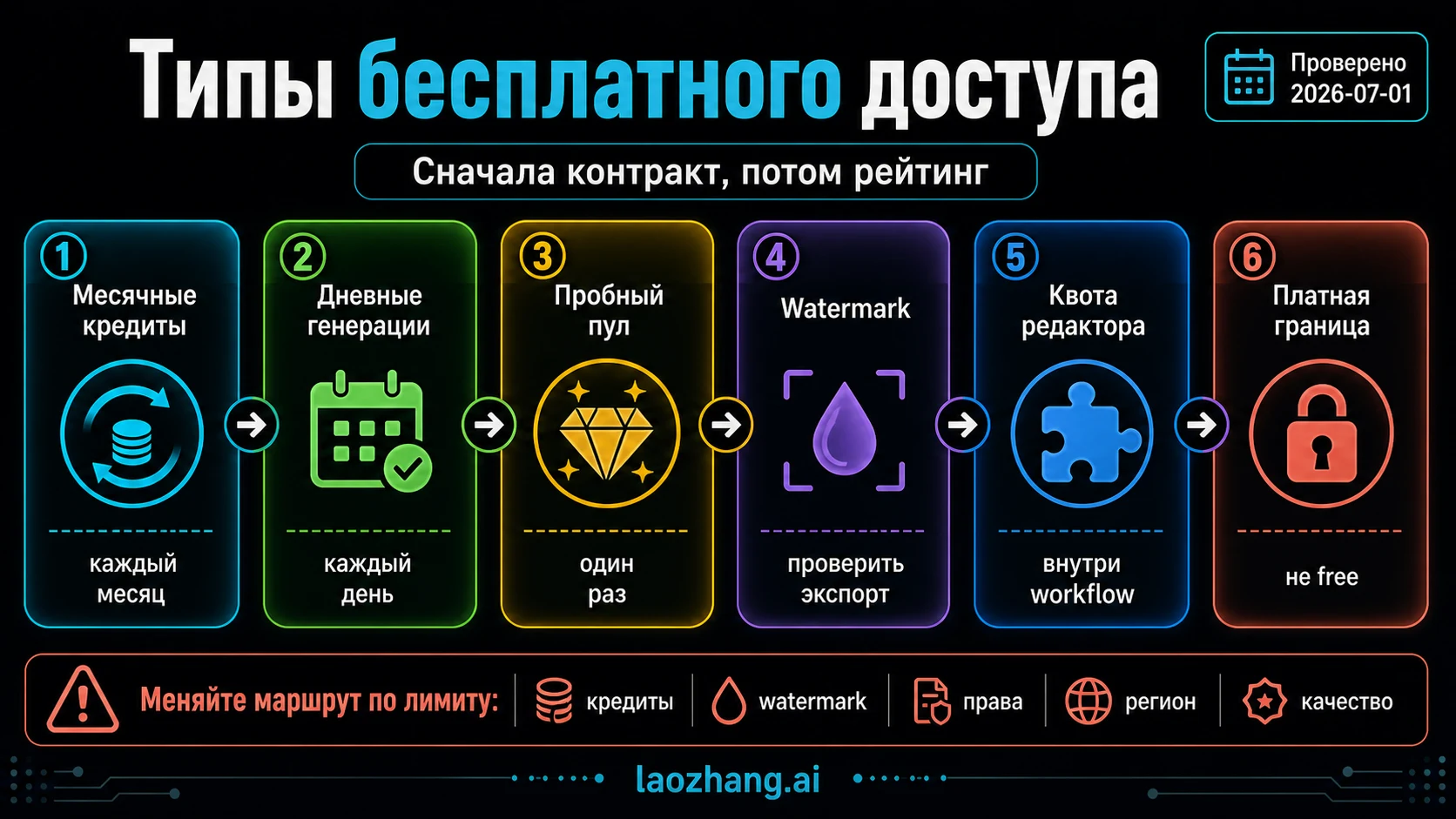 Схема типов бесплатного доступа: ежемесячные кредиты, одноразовый trial, баланс при регистрации и промо с водяным знаком