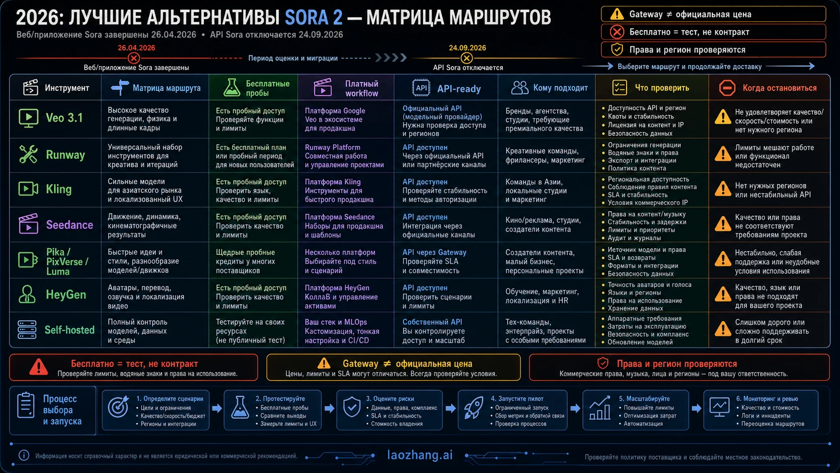 Матрица альтернатив Sora 2 по маршруту, API-готовности, бесплатным ограничениям и условиям остановки