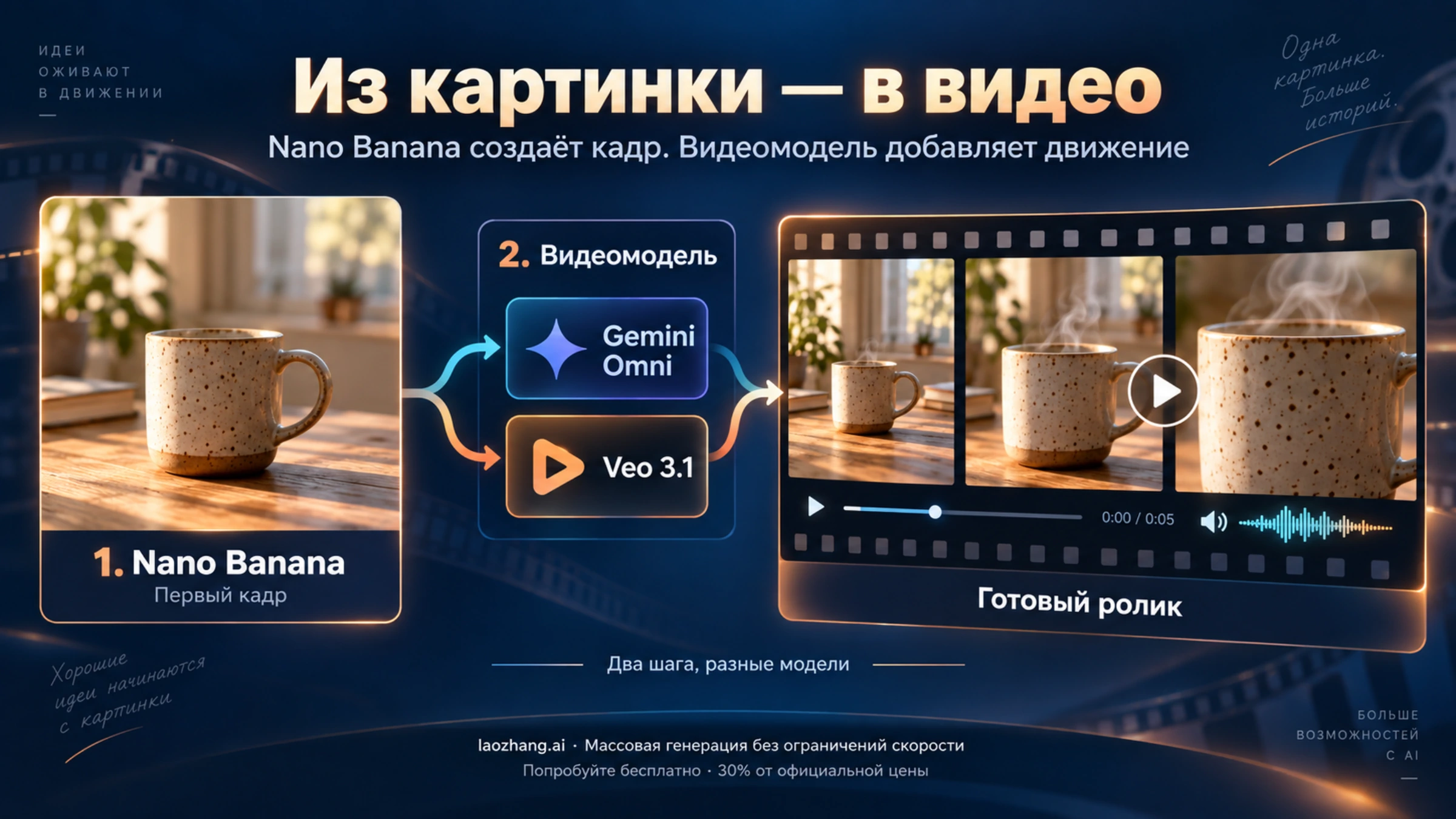 Схема: Nano Banana делает первый кадр, Gemini Omni или Veo 3.1 превращают его в видео