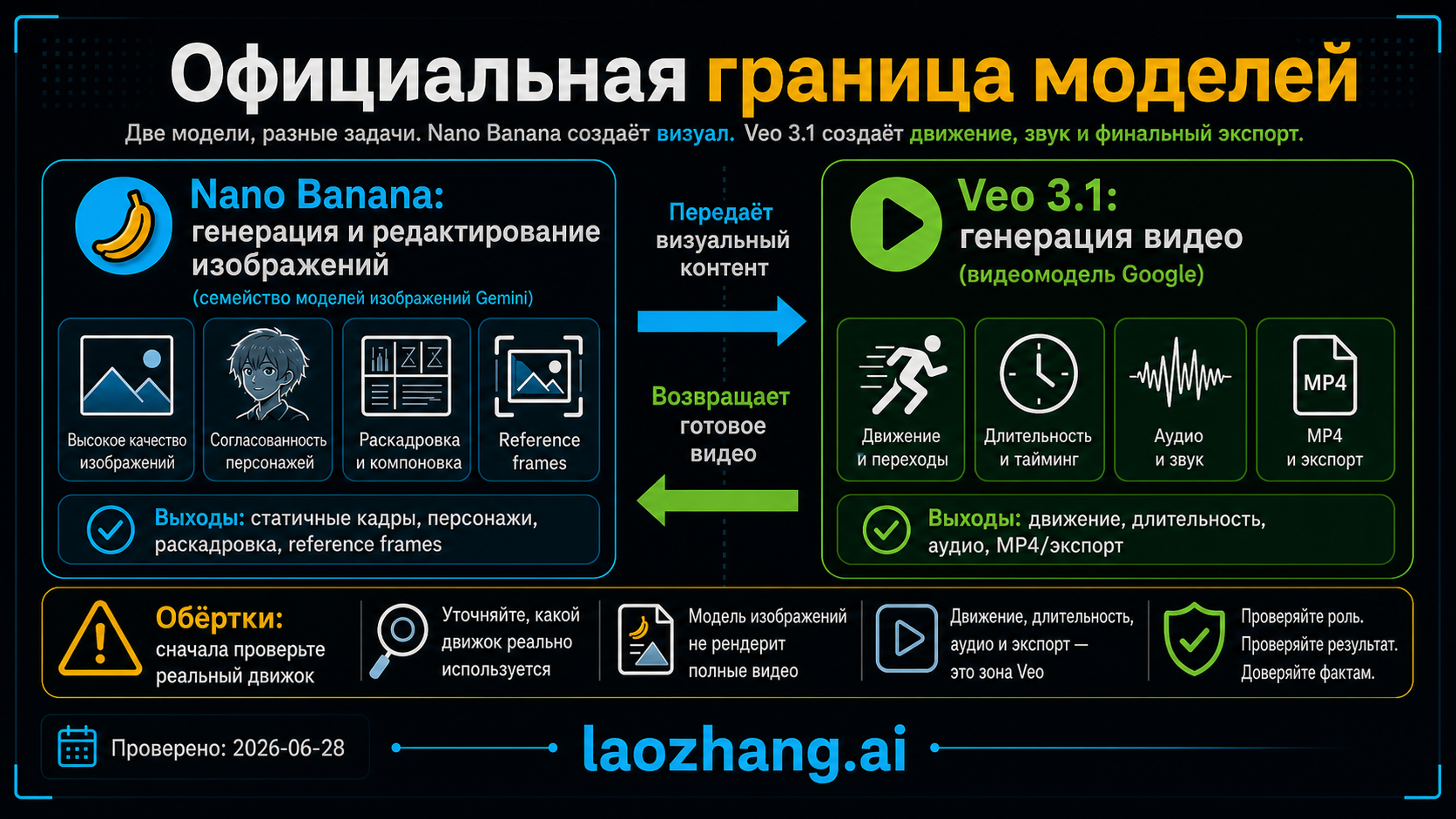 Route board: Nano Banana prepares frames and references, while Veo 3.1 or another video model outputs the video