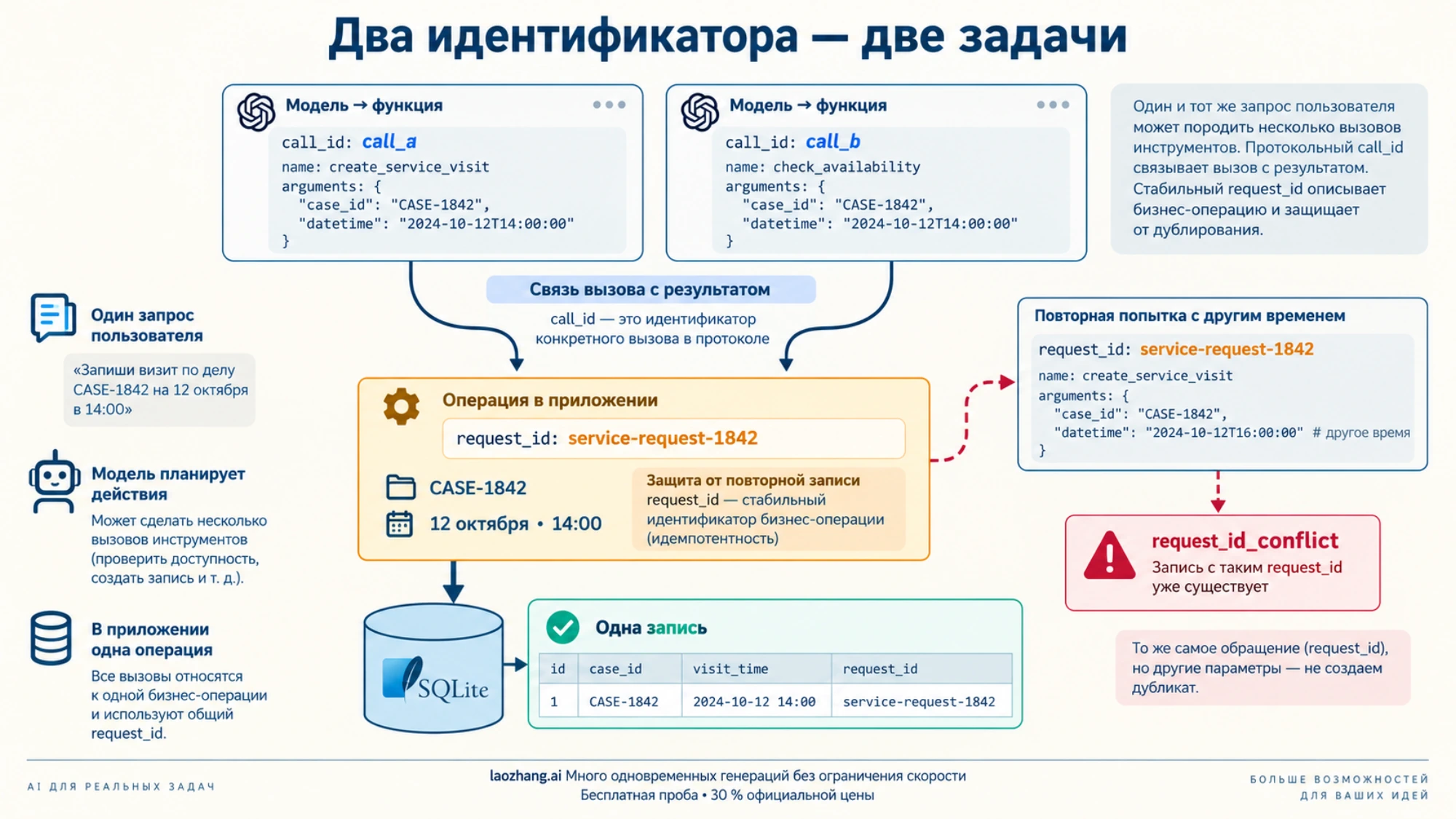 Протокольные call_id связывают вызовы с результатами, а устойчивый request_id относится к одной операции записи в приложении
