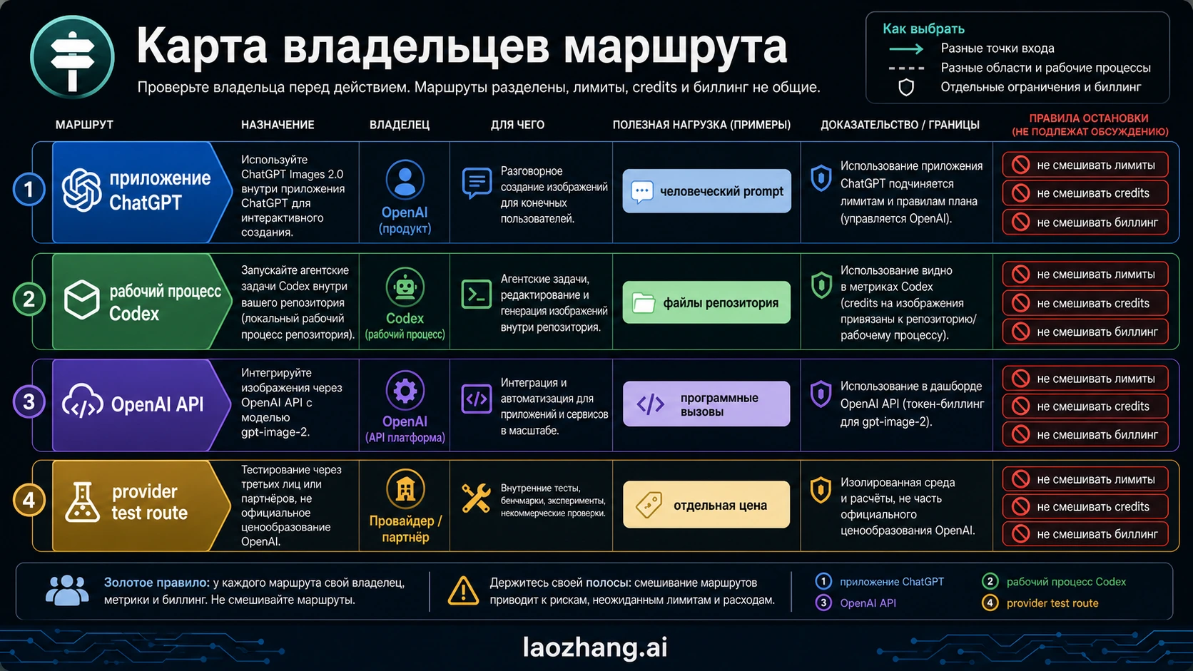 Карта владельцев маршрута: ChatGPT app, Codex workflow, OpenAI API и provider test route