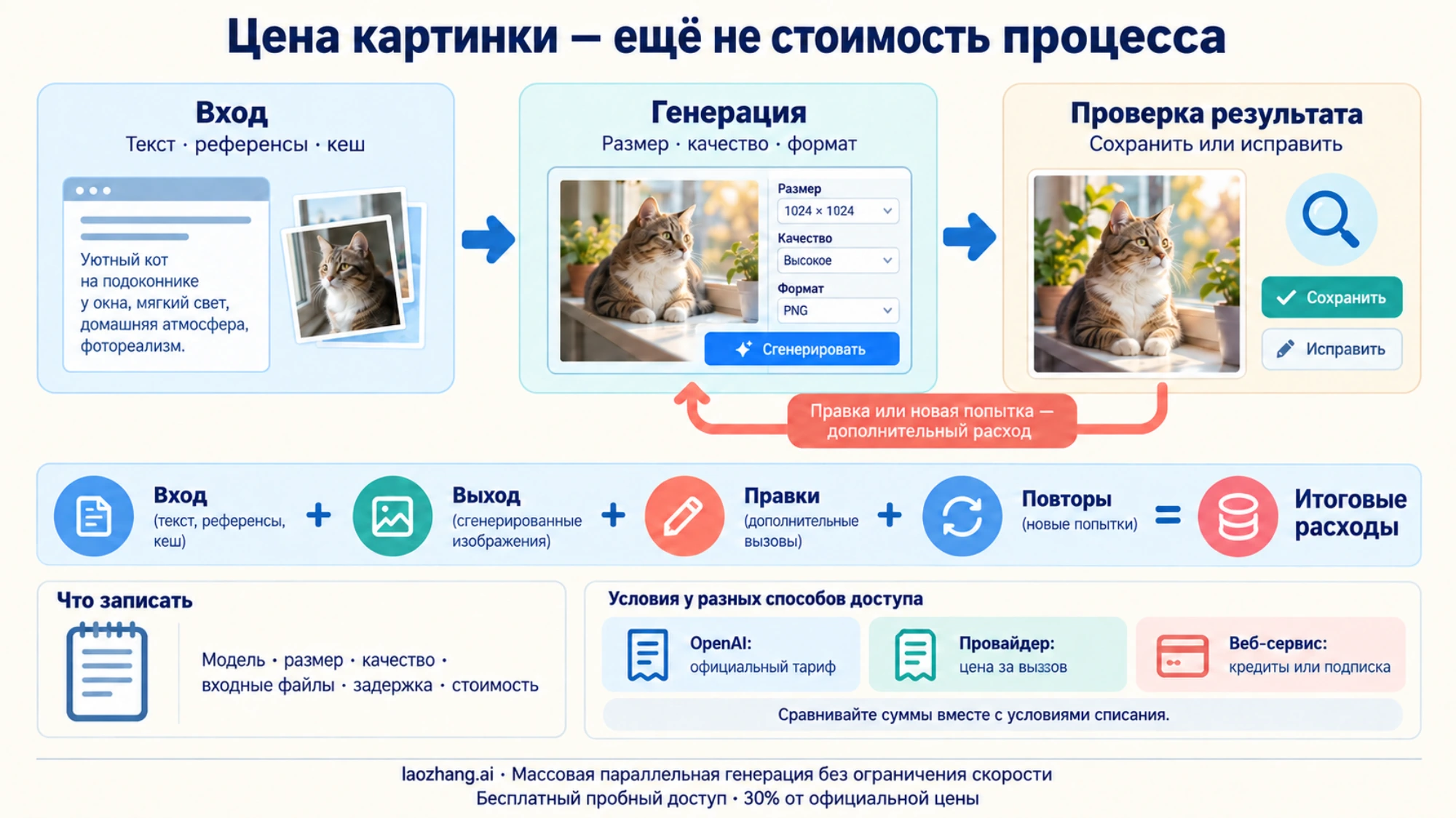 Стоимость процесса складывается из входов, генерации, правок и повторных попыток; условия OpenAI, провайдера и веб-сервиса проверяются отдельно.