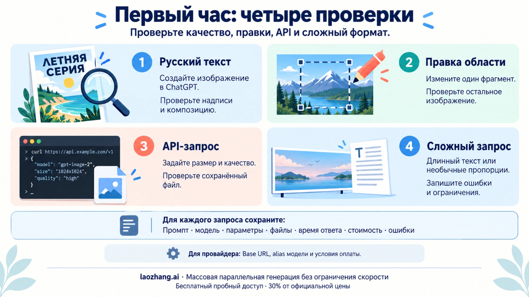 Четыре проверки для первого часа: русский текст, правка области, API-запрос и сложный формат с общим журналом параметров и расходов.