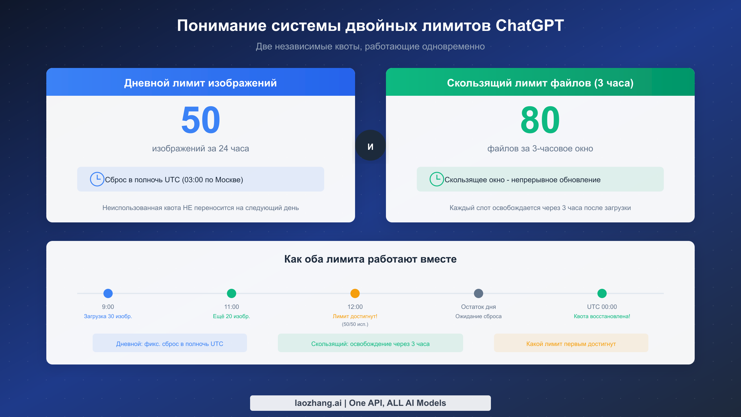 Визуальное объяснение системы двойных лимитов ChatGPT: 50 в день и 80 за 3 часа