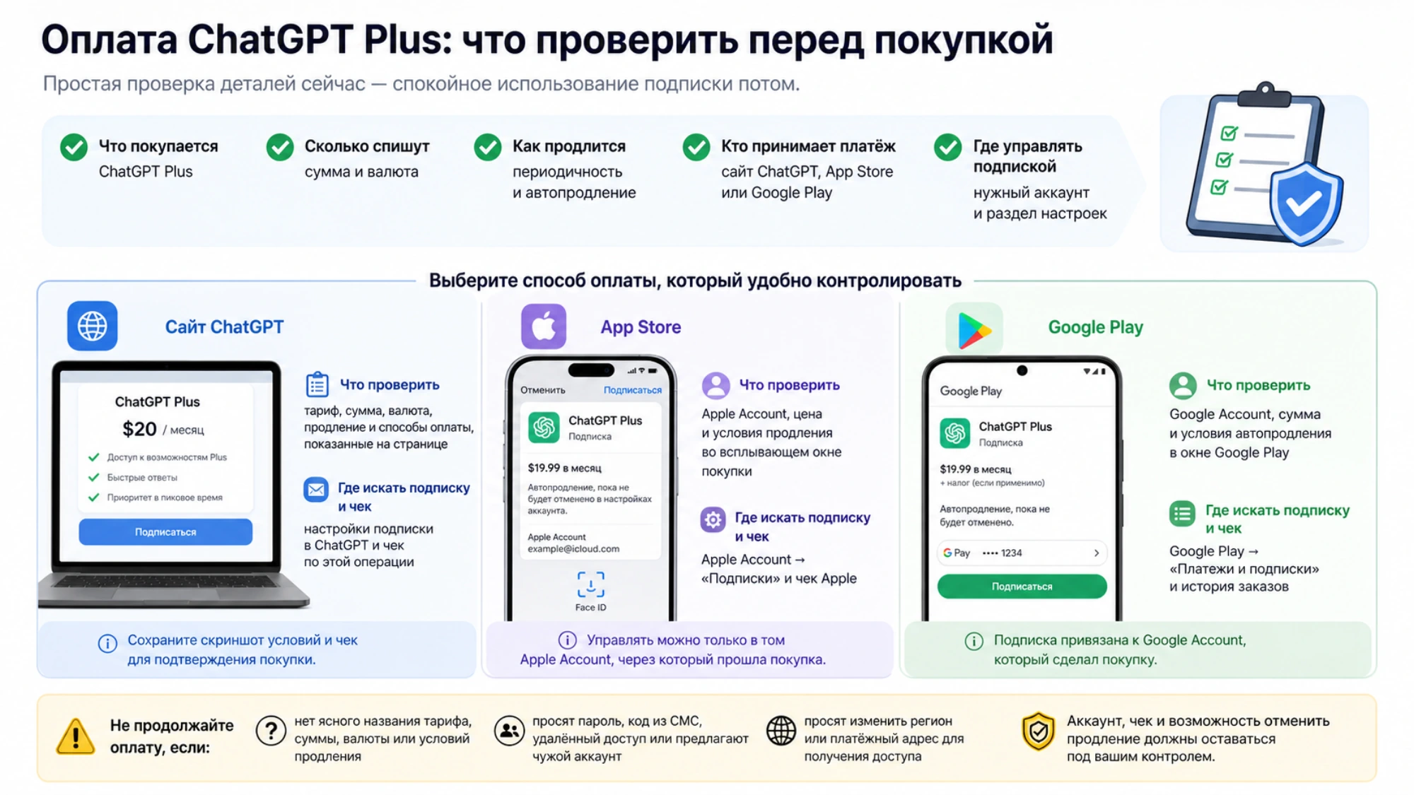 Проверка тарифа, суммы, продления, платёжной стороны и аккаунта для чека