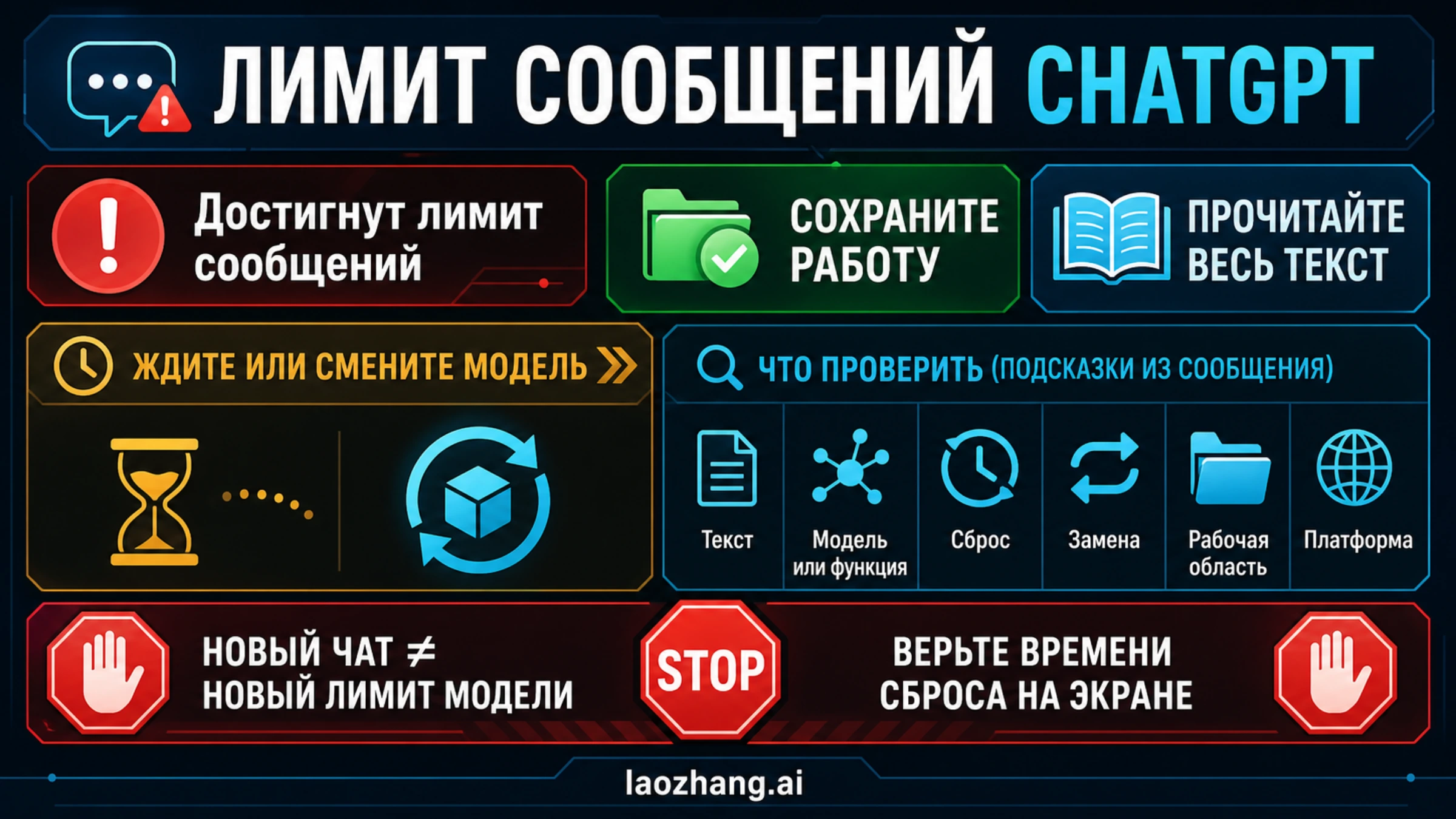 Схема восстановления после лимита сообщений ChatGPT: сохранение работы, признаки уведомления, время сброса и правило нового чата