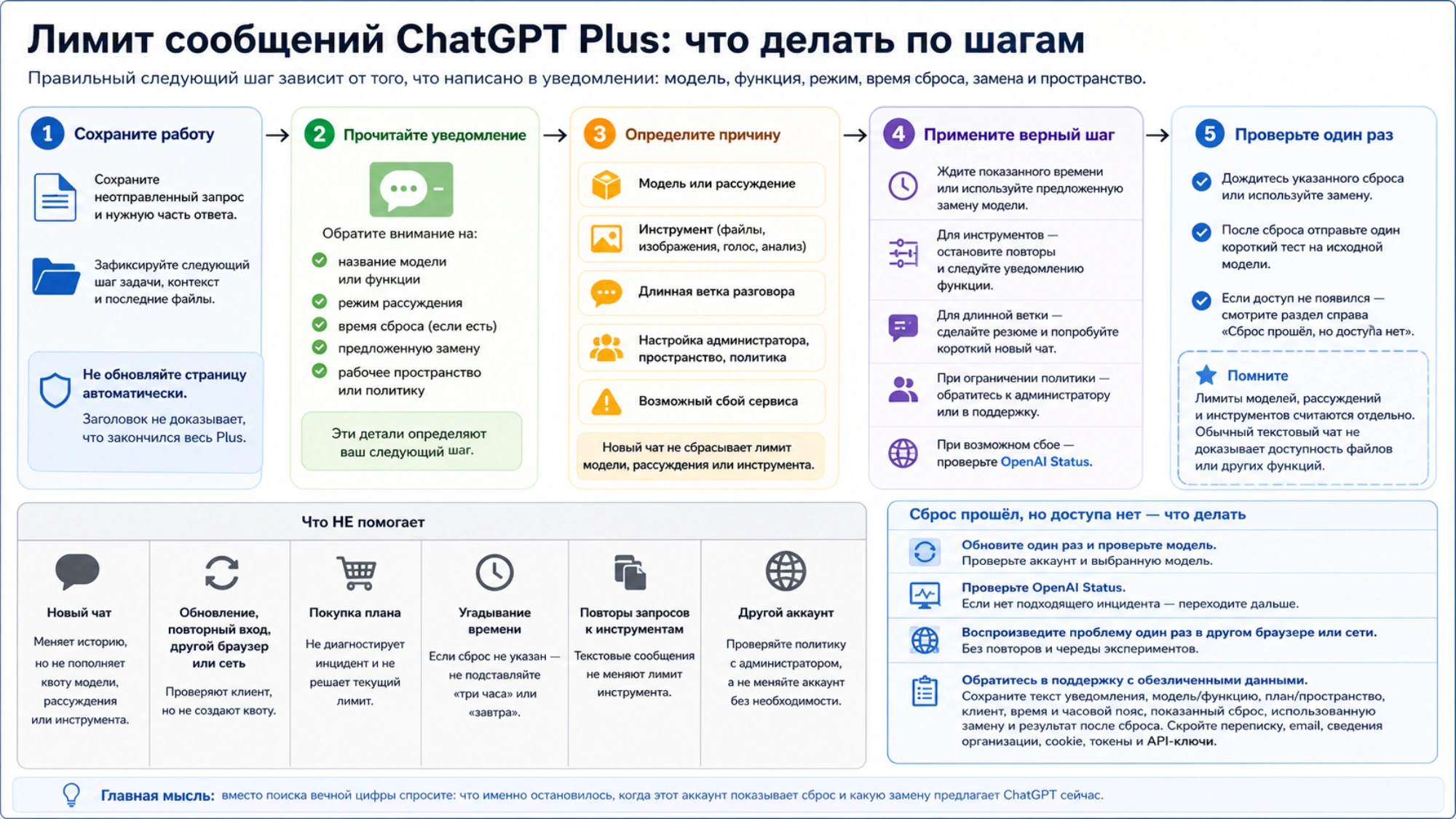 Выбор действия при лимите модели, инструмента, длинного чата, рабочего пространства или сбое