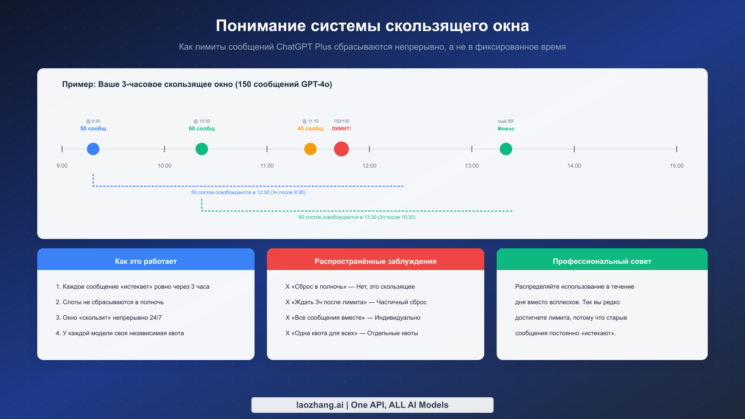 Визуальная временная шкала, объясняющая работу механизма сброса скользящего окна ChatGPT