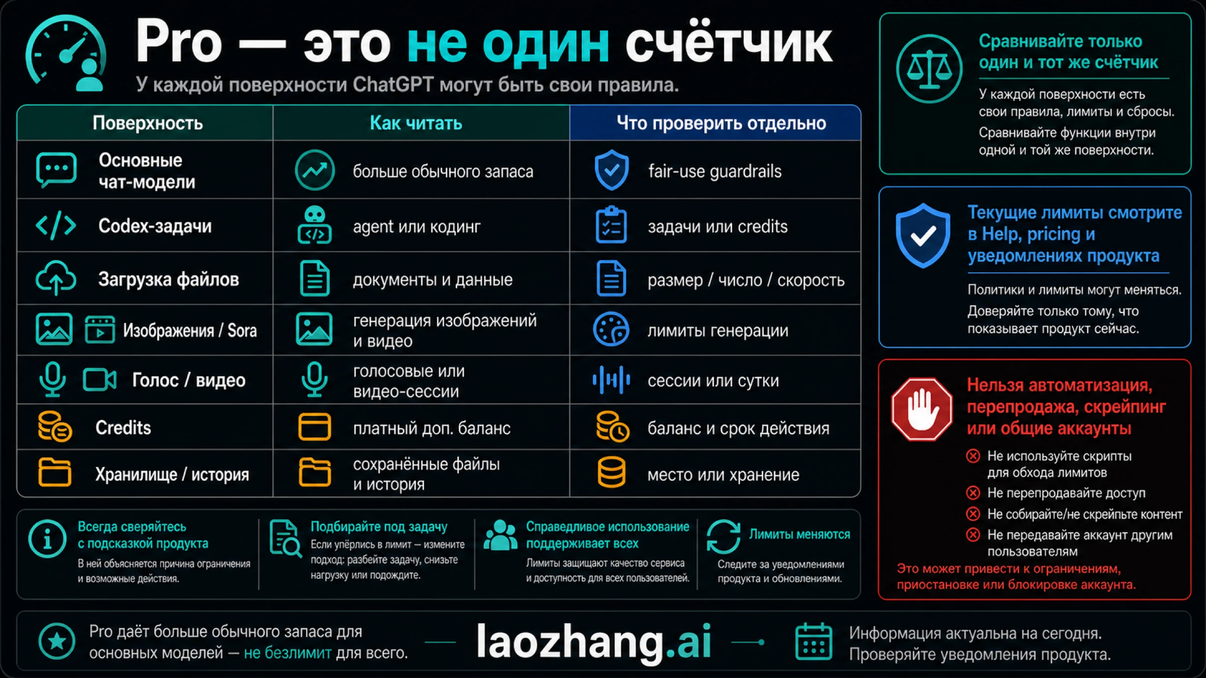 Разные функции ChatGPT Pro используют разные счетчики и не должны сводиться к одной квоте