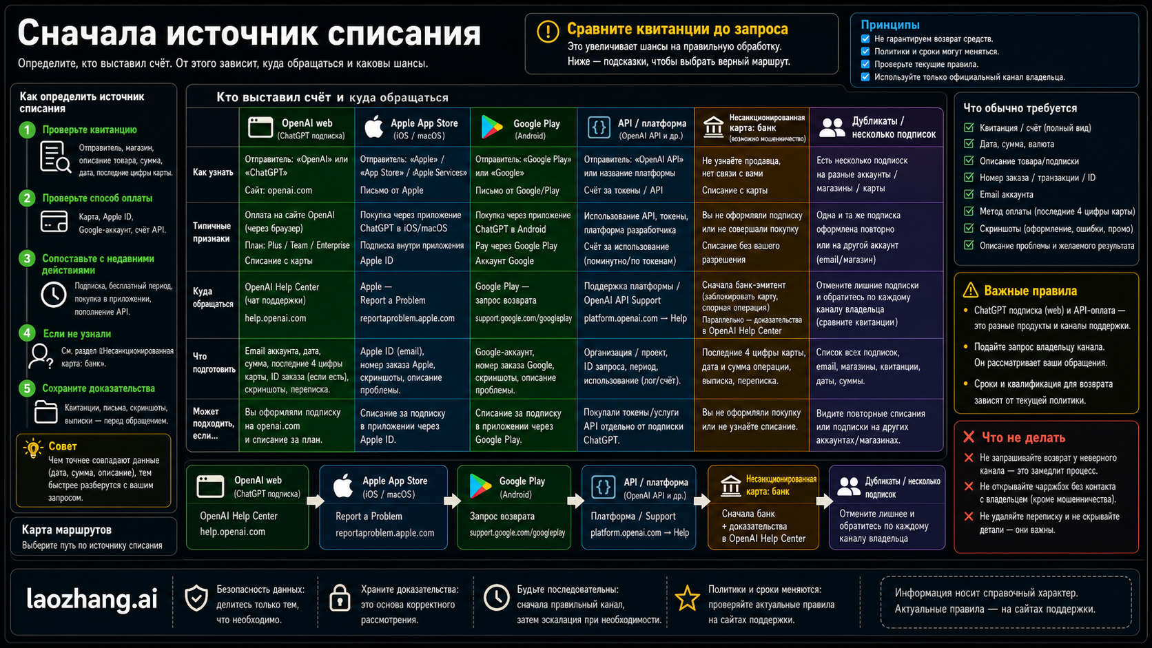 Доска решений для определения, относится ли списание ChatGPT к веб-биллингу OpenAI, Apple, Google Play, API или банковскому маршруту.