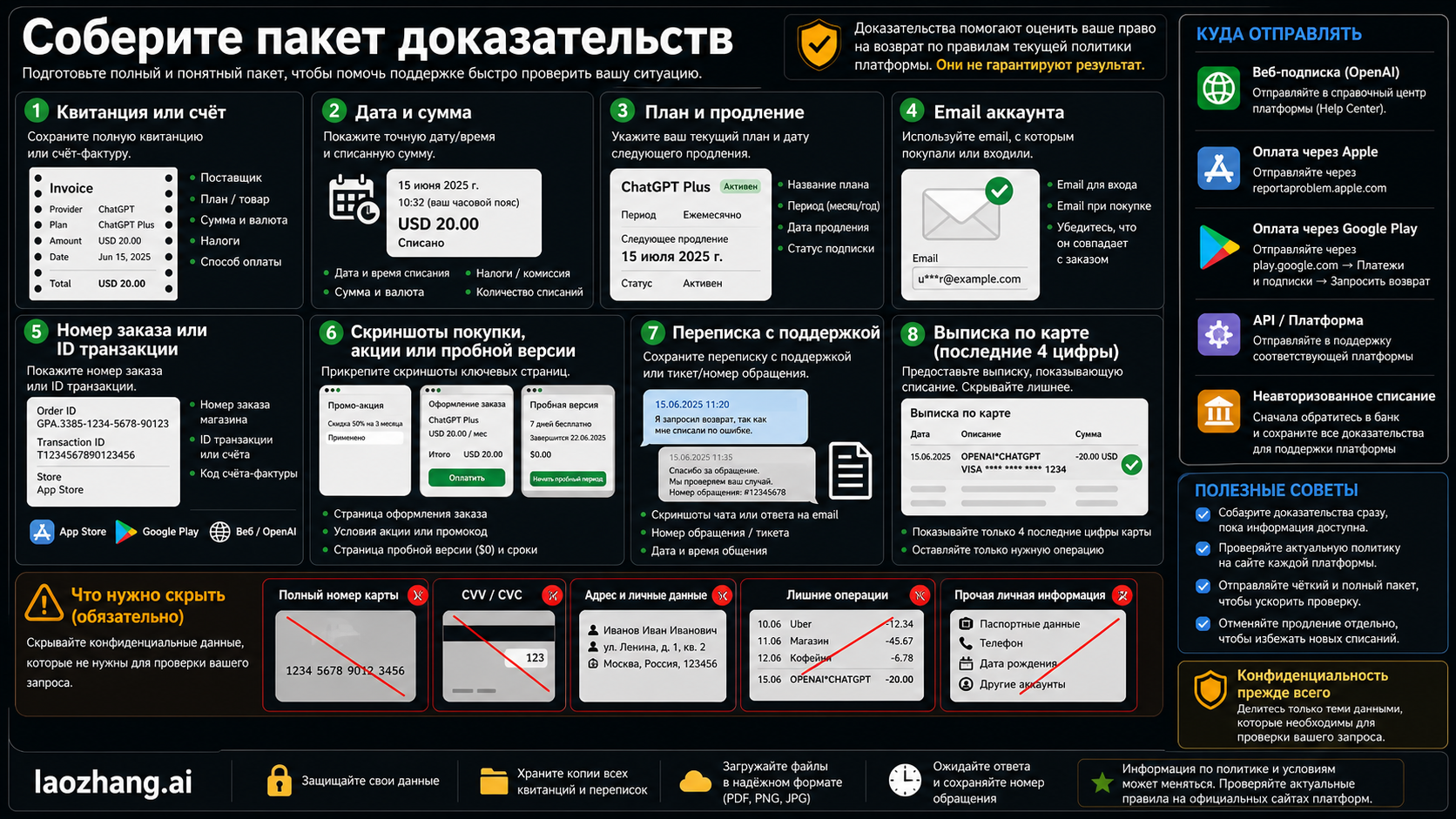 Чек-лист чеков, данных списания, аккаунта, номера заказа, скриншотов, журналов поддержки и платежных данных, которые нужно скрыть перед запросом возврата ChatGPT.