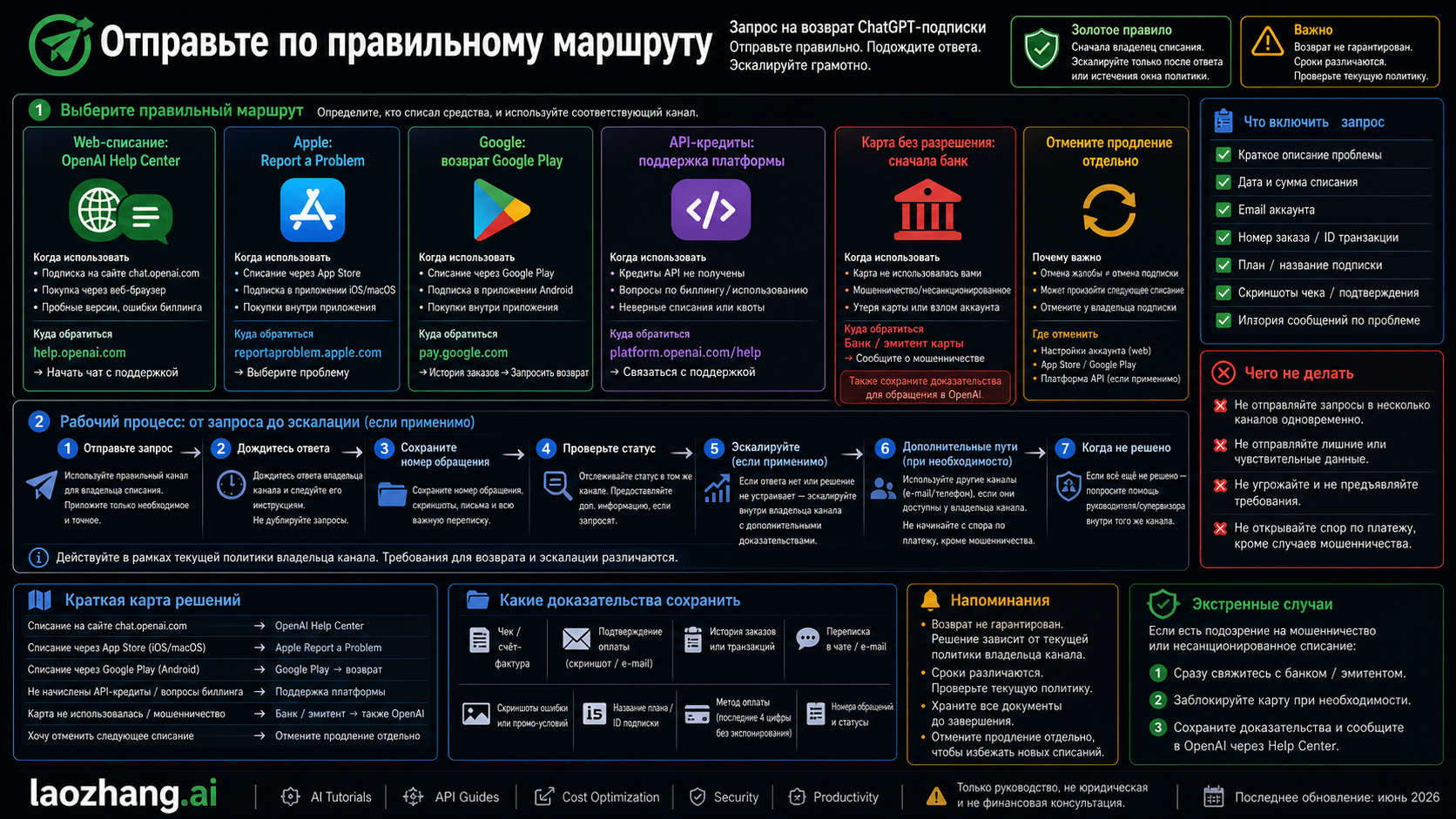 Процесс отправки запроса возврата ChatGPT в OpenAI, Apple, Google, Platform support или банк и эскалации только после ответа владельца маршрута.
