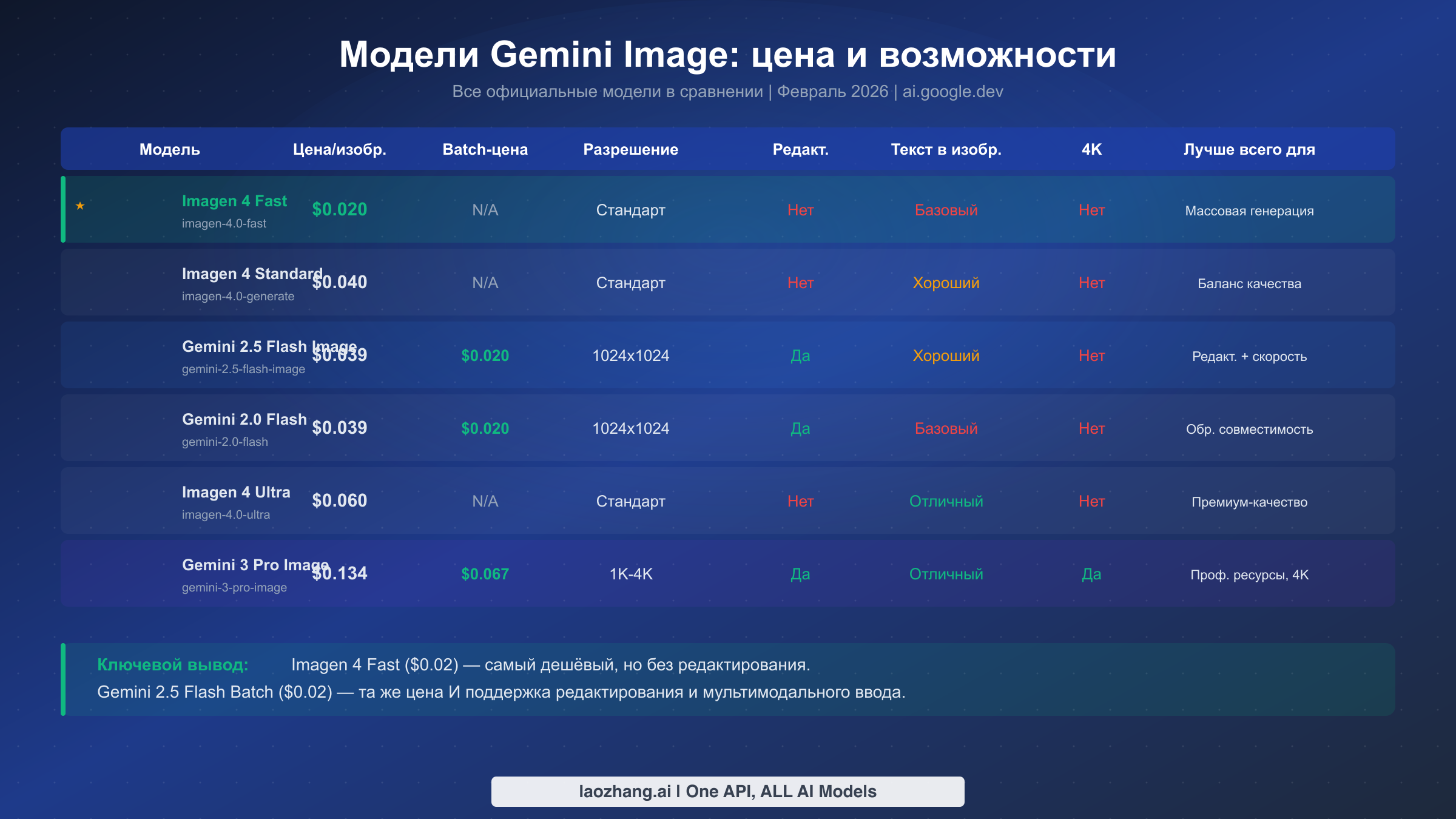 Сравнение моделей генерации изображений Gemini по цене и возможностям, где Imagen 4 Fast показан как самый дешёвый по $0,02 за изображение