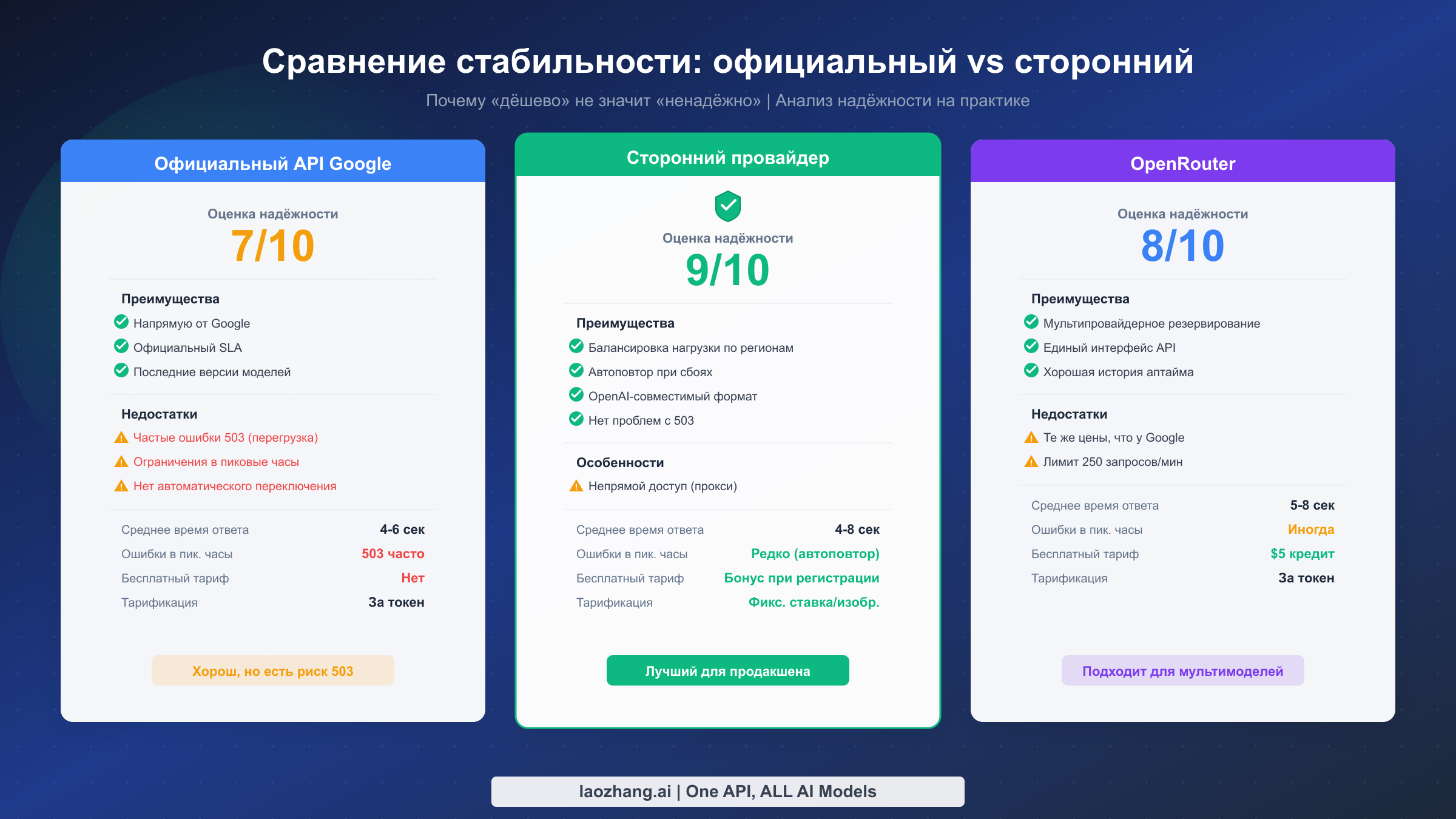 Сравнение стабильности трёх API-провайдеров с показателями надёжности и ключевыми метриками