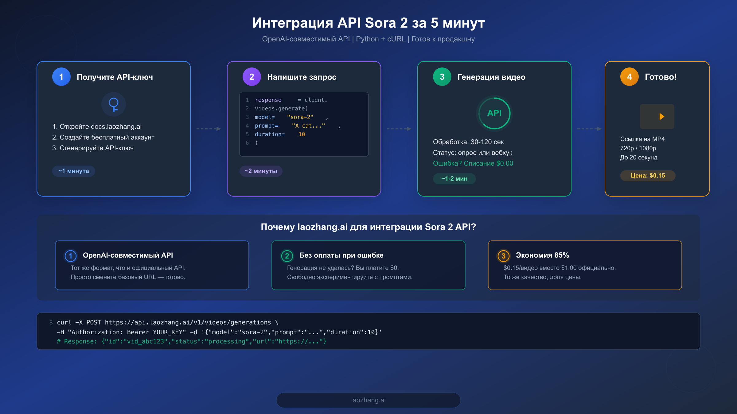 Четырёхэтапный процесс интеграции API Sora 2: настройка API-ключа, написание кода, генерация видео и получение результата